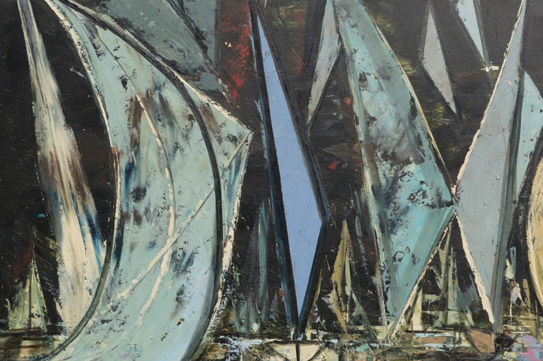 Mid-Century Modern abstract geometric composition of pastel colored sailboats on a black background, with beautiful abstracted colorful reflections, gathering in Bay Area Sausalito Harbor by Ray Mathewson (American, d. 1968). Signed 