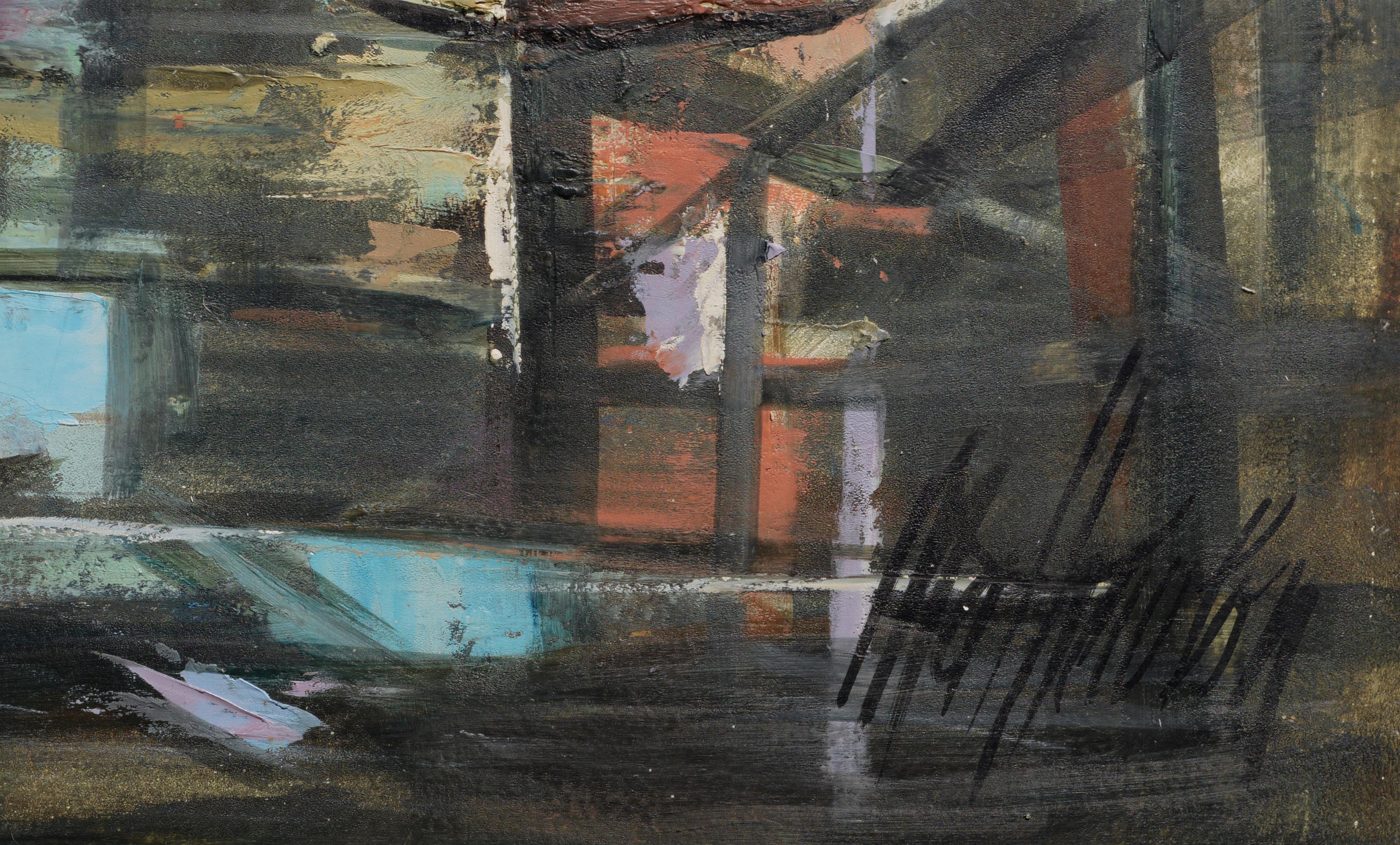 Mid-Century Modern abstrakte geometrische Komposition von pastellfarbenen Segelbooten auf schwarzem Hintergrund, mit schönen abstrahierten bunten Reflexionen, sammeln in Bay Area Sausalito Harbor von Ray Mathewson (American, d. 1968). Signiert