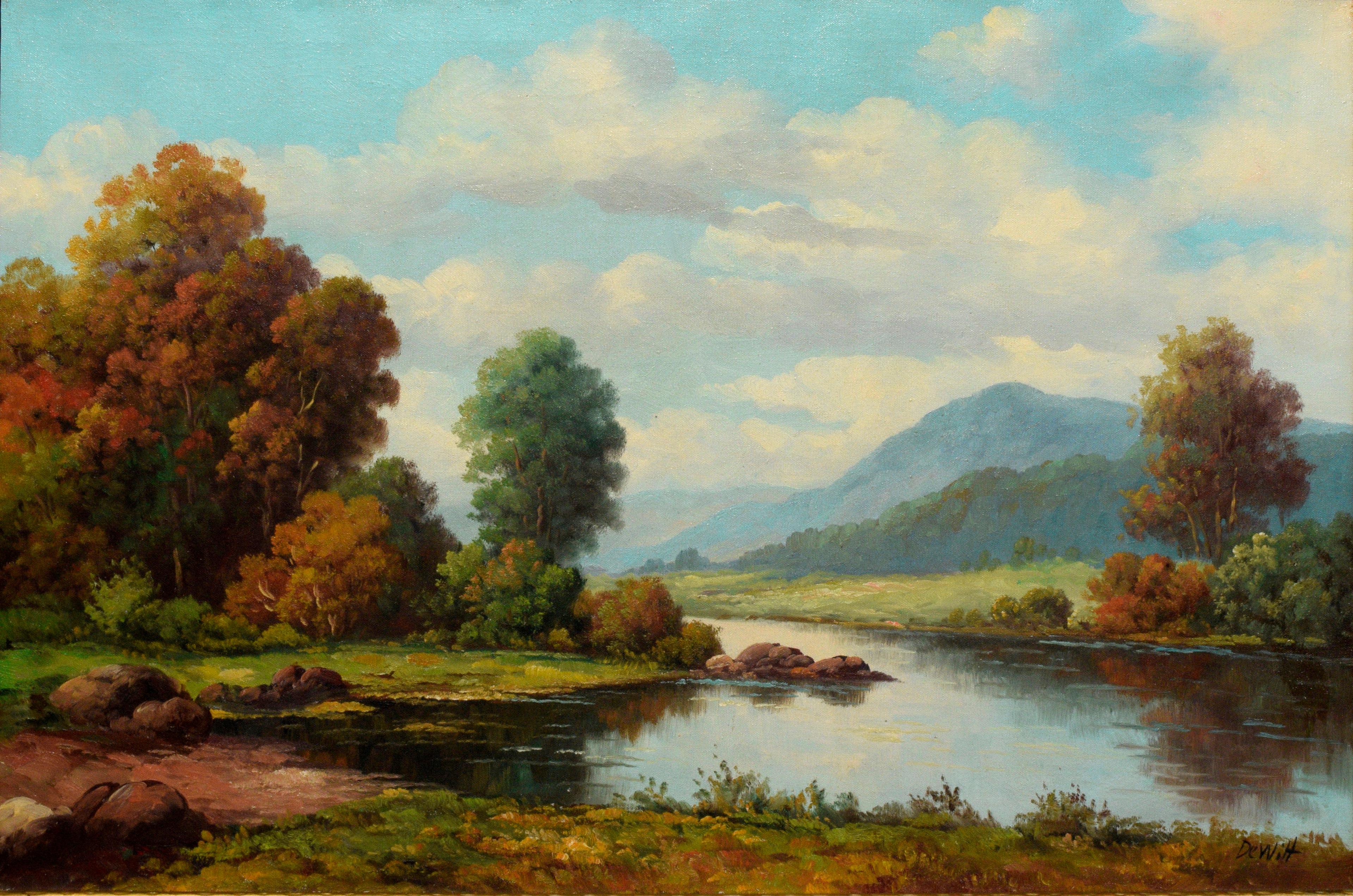 Peacful California Landscape of River and Mountains - Painting by Robert DeWitt
