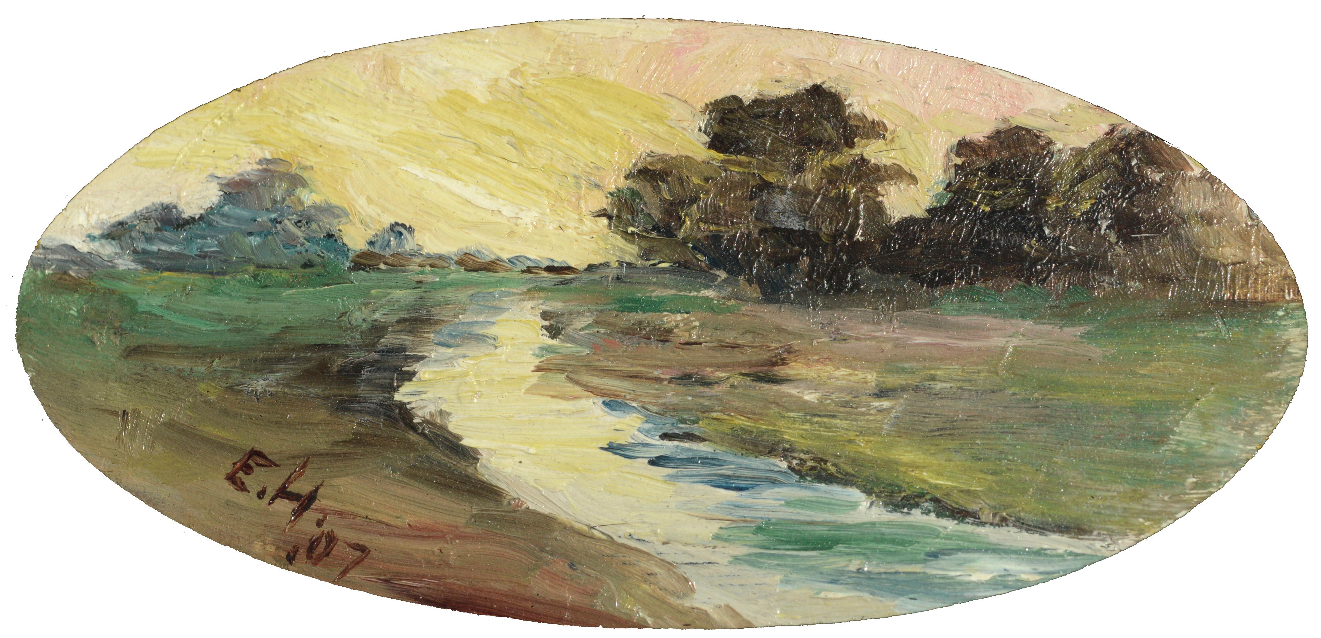 Early 20th Century Miniature Oval Landscape, San Rafael Valley Stream - Black Landscape Painting by Unknown