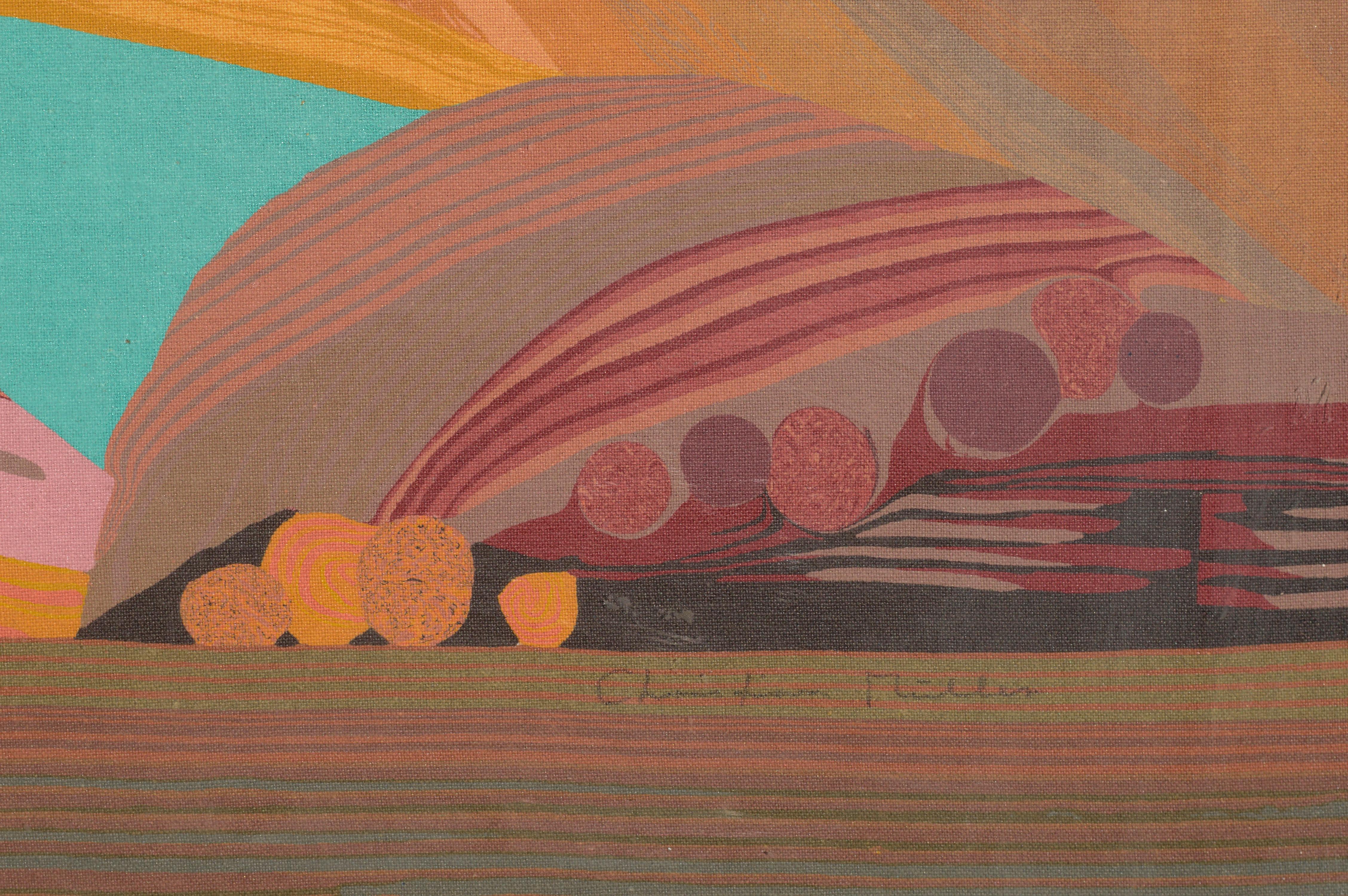 Magnifique gravure à la détrempe (Tempagrahie) d'un paysage abstrait en Grèce par Christian Mueller (Suisse:: b-1945). Signé 