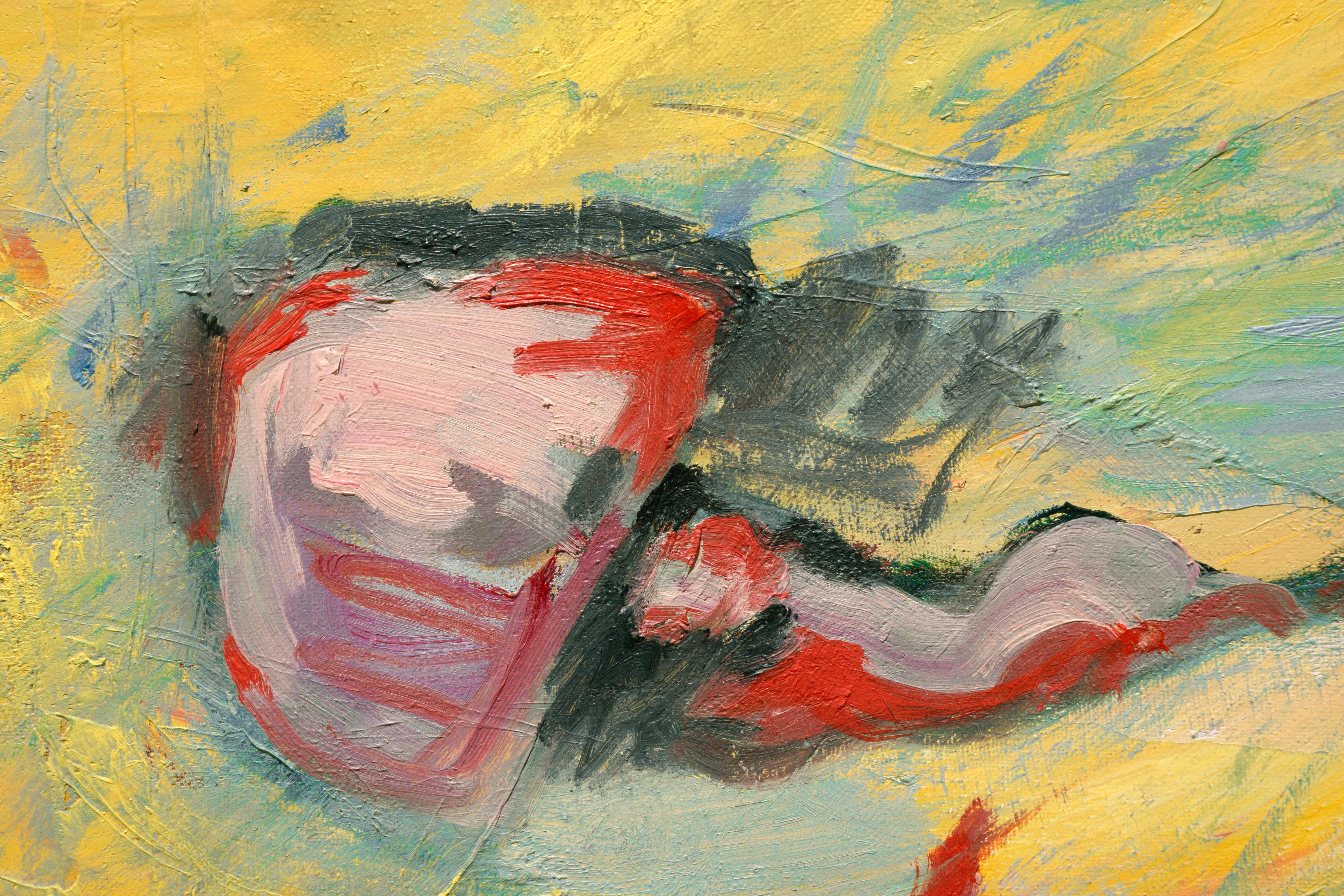 Expressionnisme abstrait « primitif » avec jaune, rouge et rose - Marron Figurative Painting par Inglis Carré