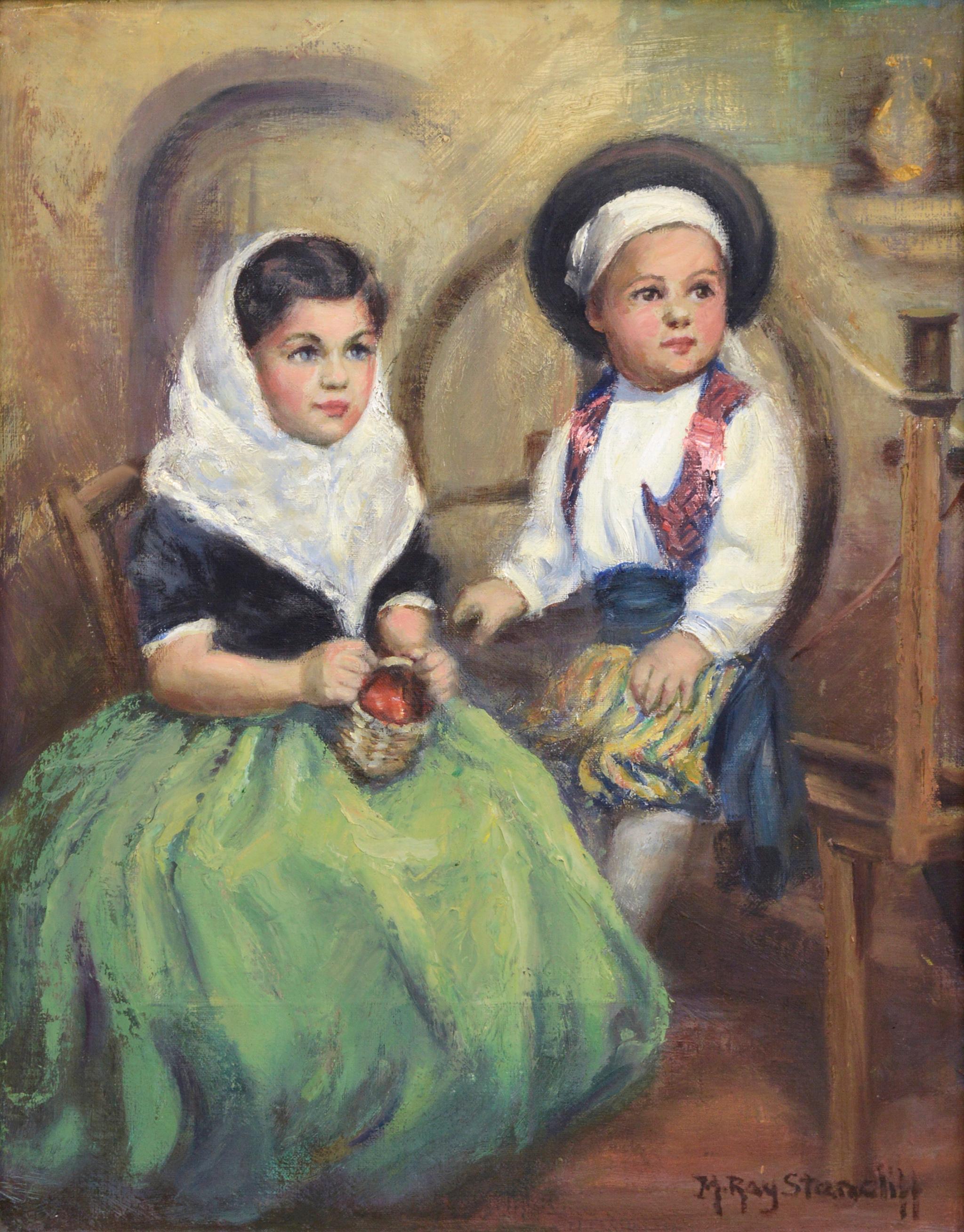 Mid Century Portrait of Two Children in Traditional Dress - Painting by M. Ray Stancliff