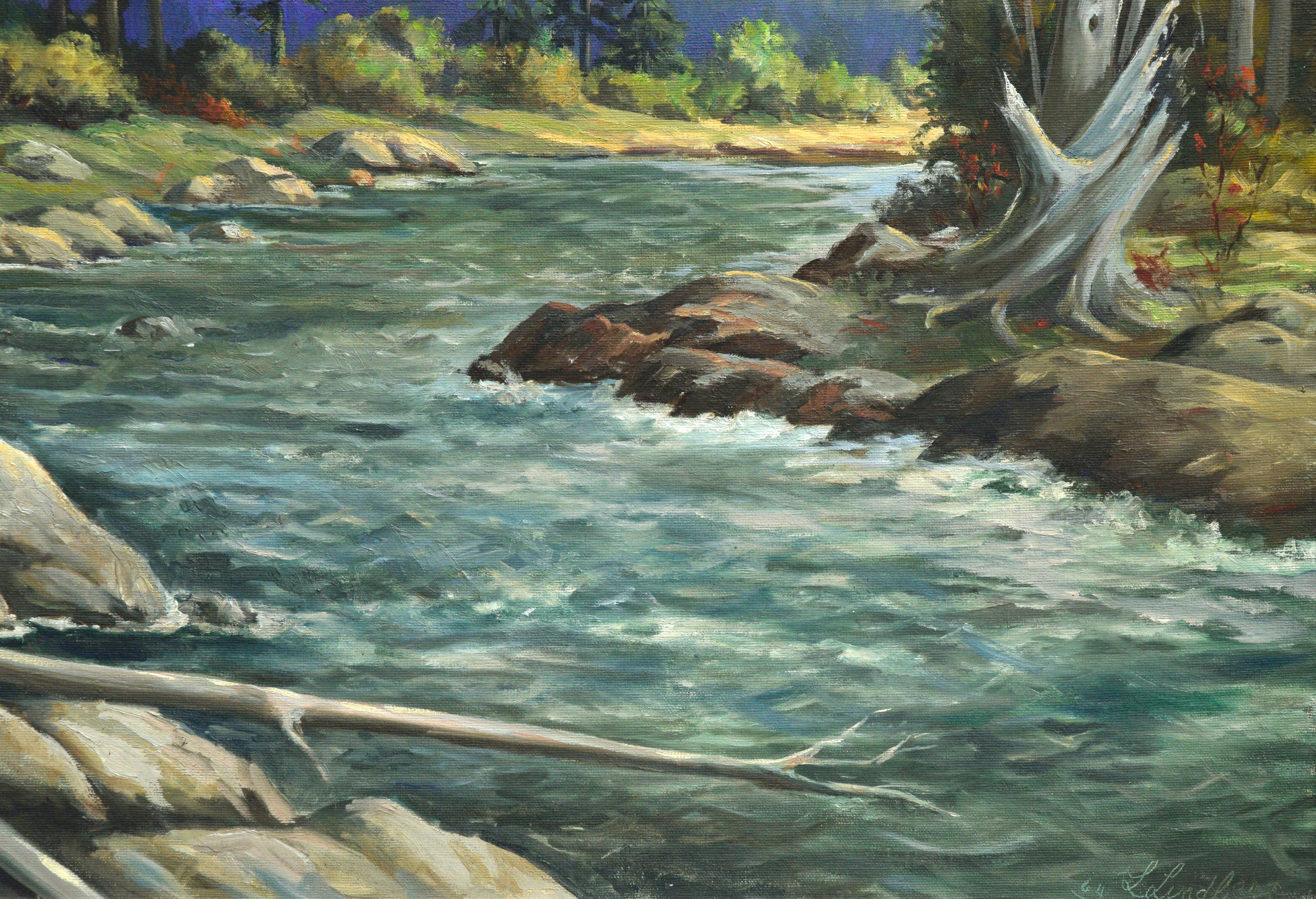 Mid Century Idaho Pack River Landscape - American Realist Painting by Laura Lindberg