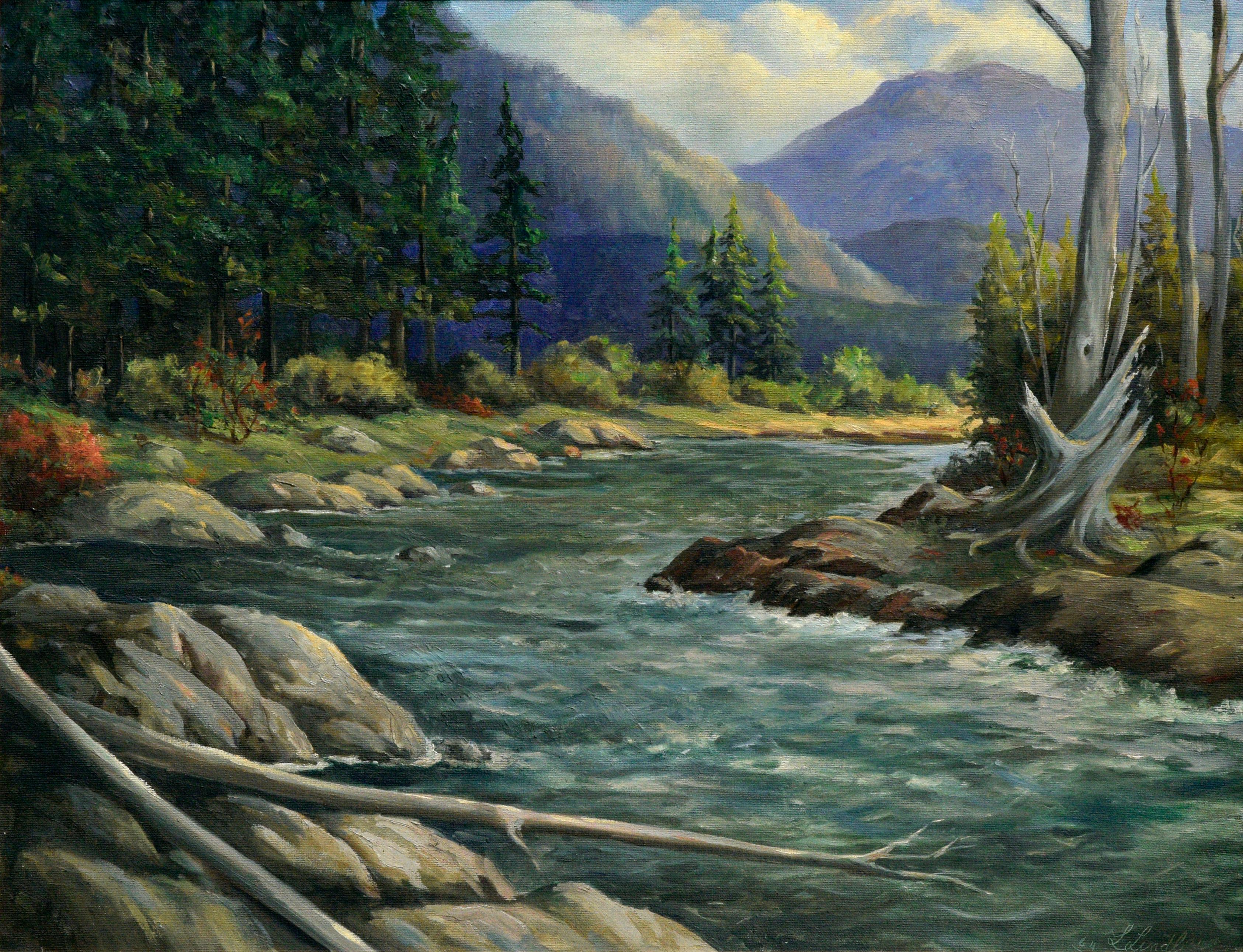 Mid Century Idaho Pack River Landscape - Painting by Laura Lindberg