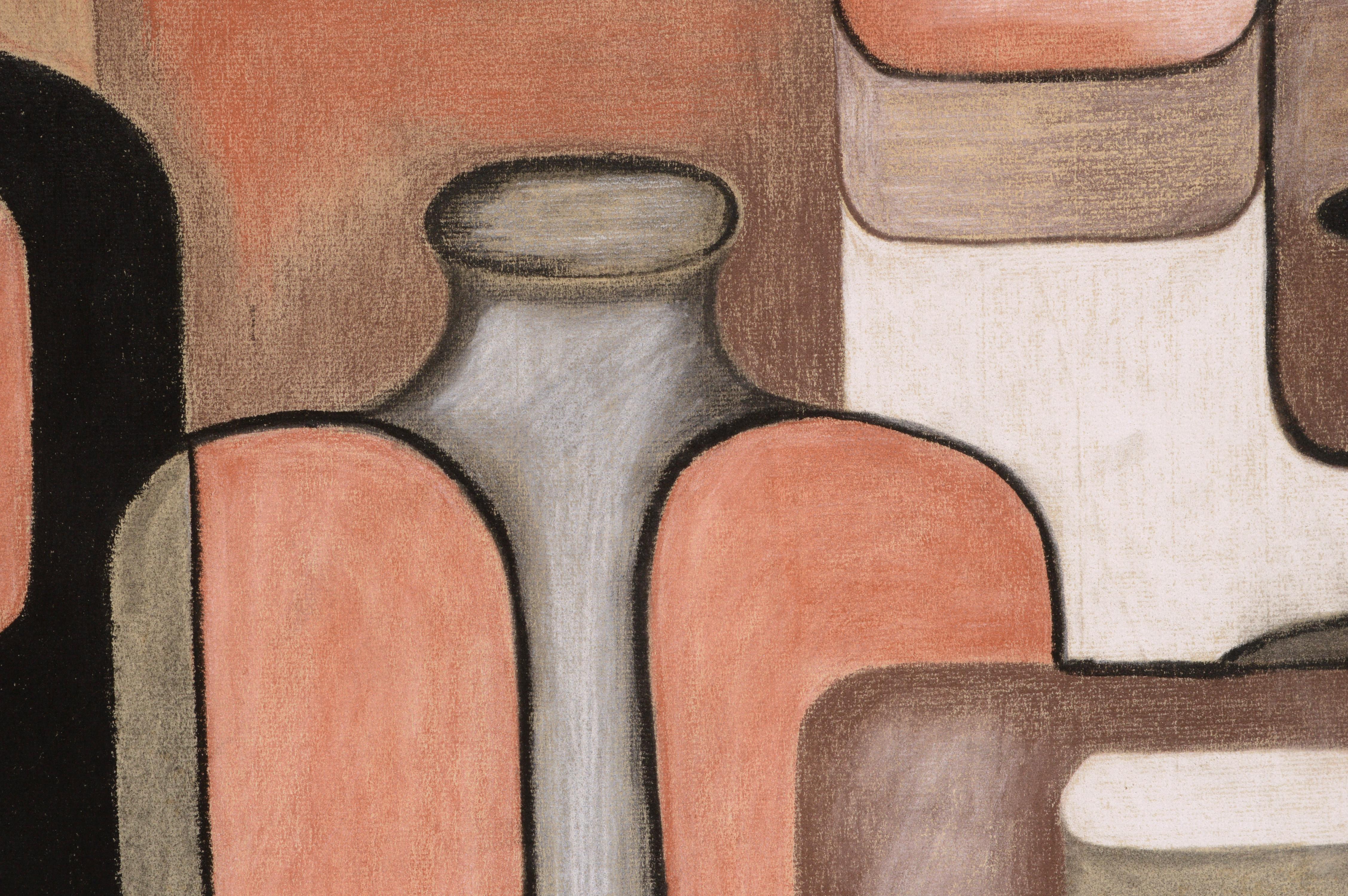 Abstraktes Stillleben aus Terrakotta mit geometrischem Muster, Moderne der Mitte des Jahrhunderts  (Beige), Still-Life, von R Halterman