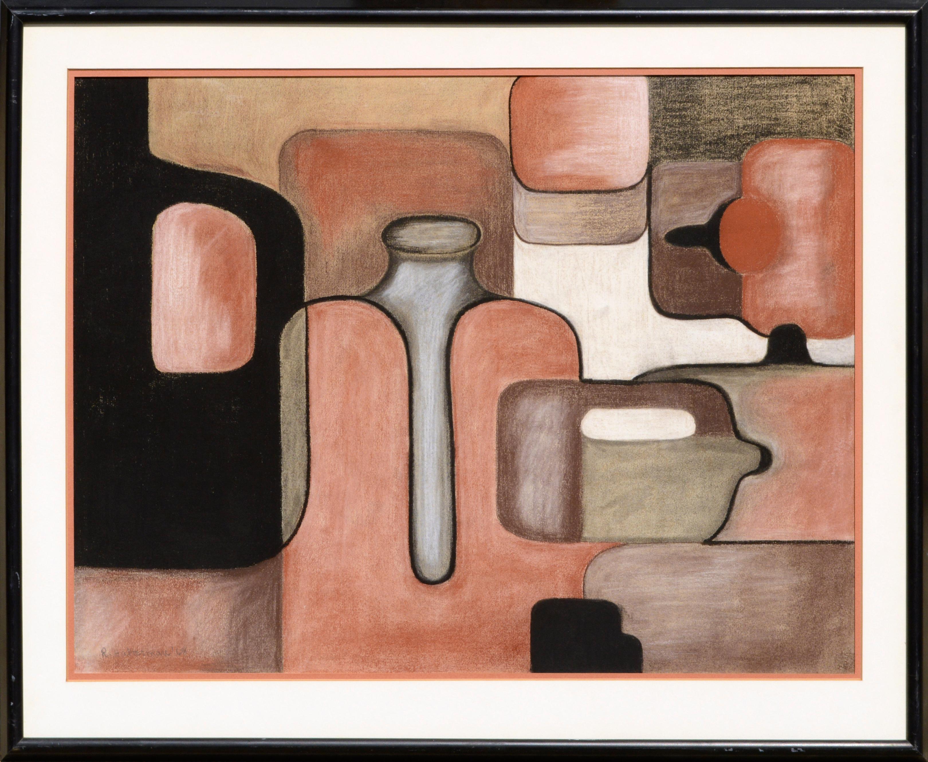 R Halterman Still-Life - Abstract Geometric Terracotta Jugs, Mid Century Modern Abstracted Still Life 