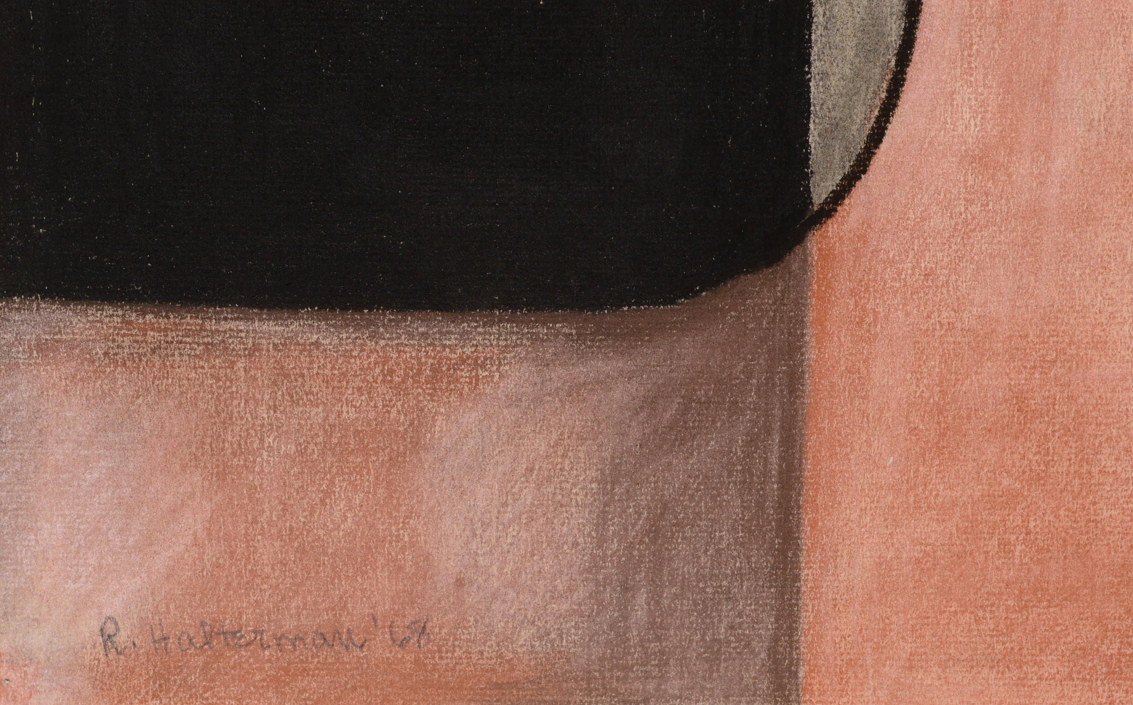 Kühnes abstraktes Pastell auf Papier aus der Mitte des Jahrhunderts mit mehreren Terrakotta-Krügen und -Gefäßen, die auf ihre Grundformen reduziert und in einer harmonischen abstrakten geometrischen Komposition angeordnet sind, von R. Halterman (20.