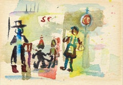 "The Hurdy Gurdy Man", Colorful Figurative Abstract Street Performer Watercolor