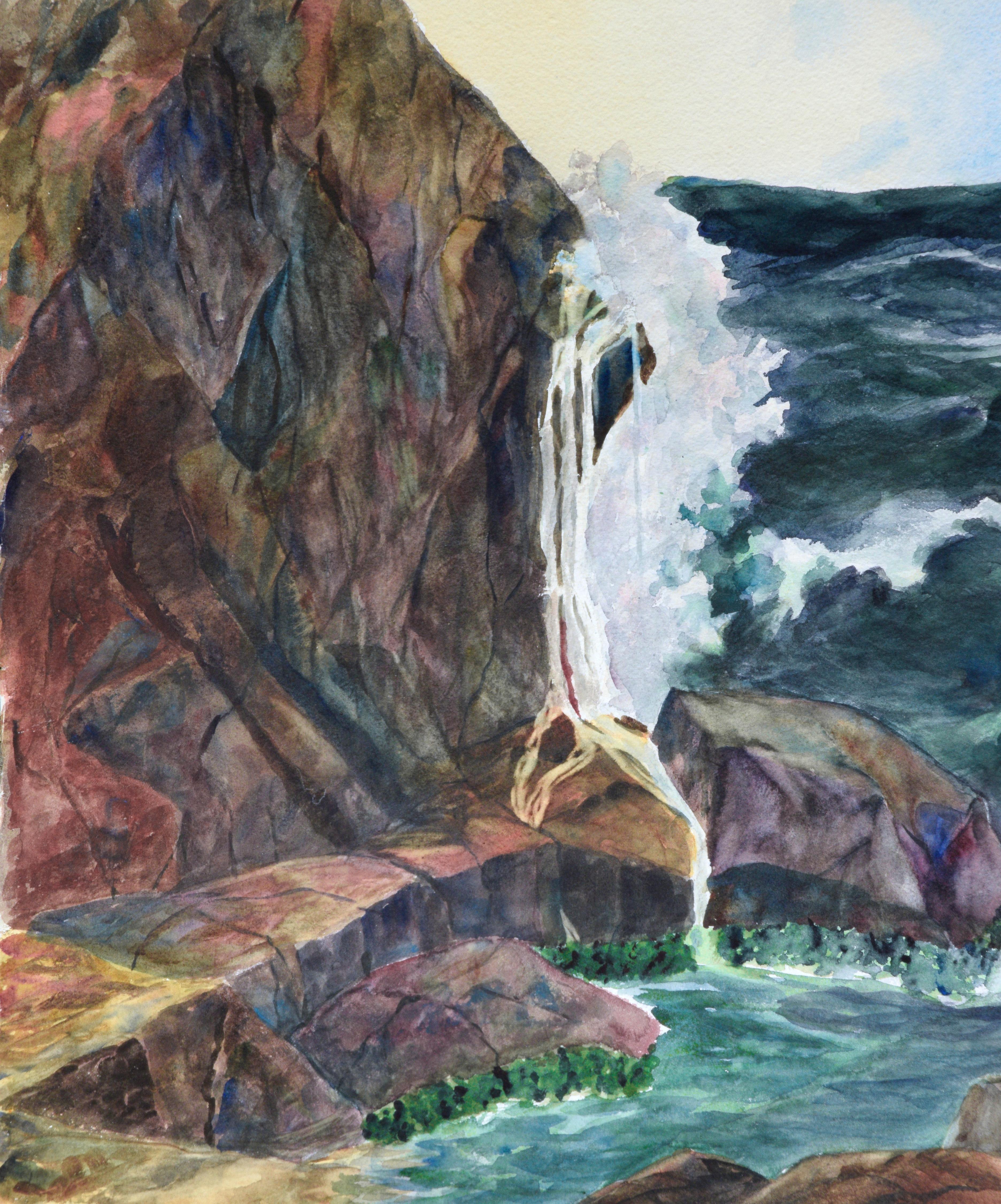 Mid Century Seascape - Pacific Ocean Waves and Cliff Watercolor  - Art by Joseph Yeager