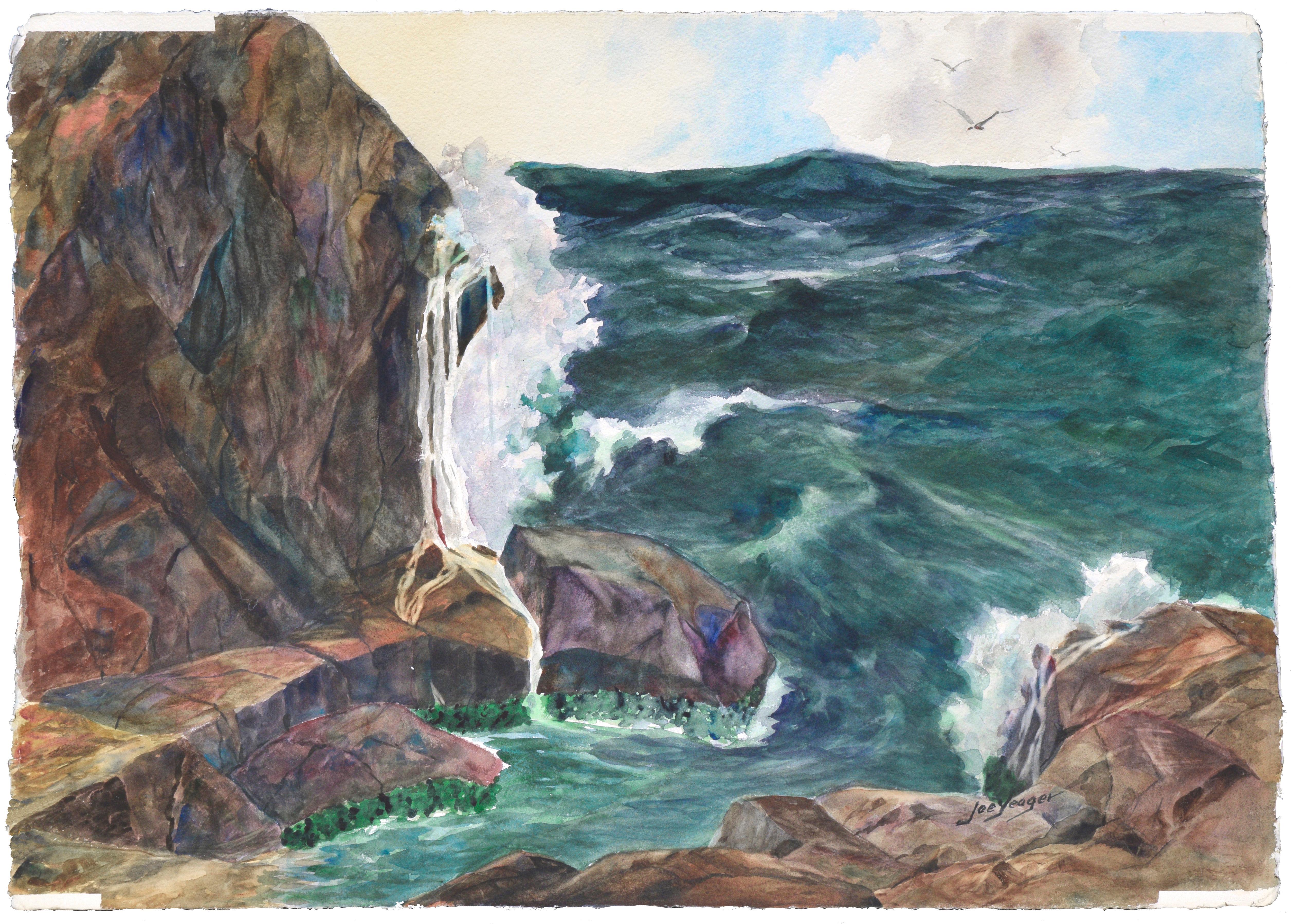 Landscape Art Joseph Yeager - Paysage marin du milieu du siècle - Vagues océaniques du Pacifique et falaises aquarelle