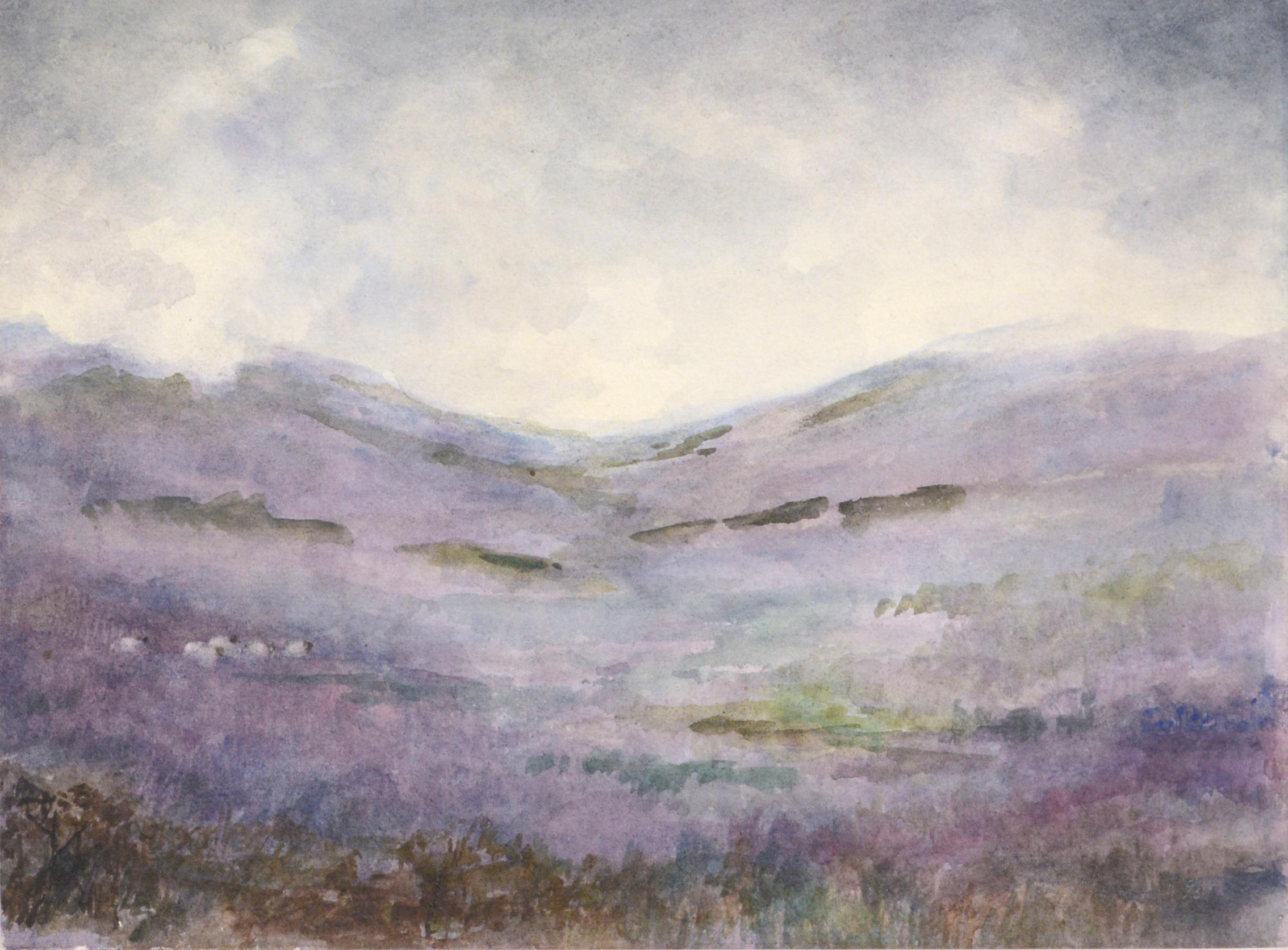 Misty Dunkeld Scotland Hills w. Sheep, Late 19th Century Scottish Landscape W/C - Art by H. L. Radford