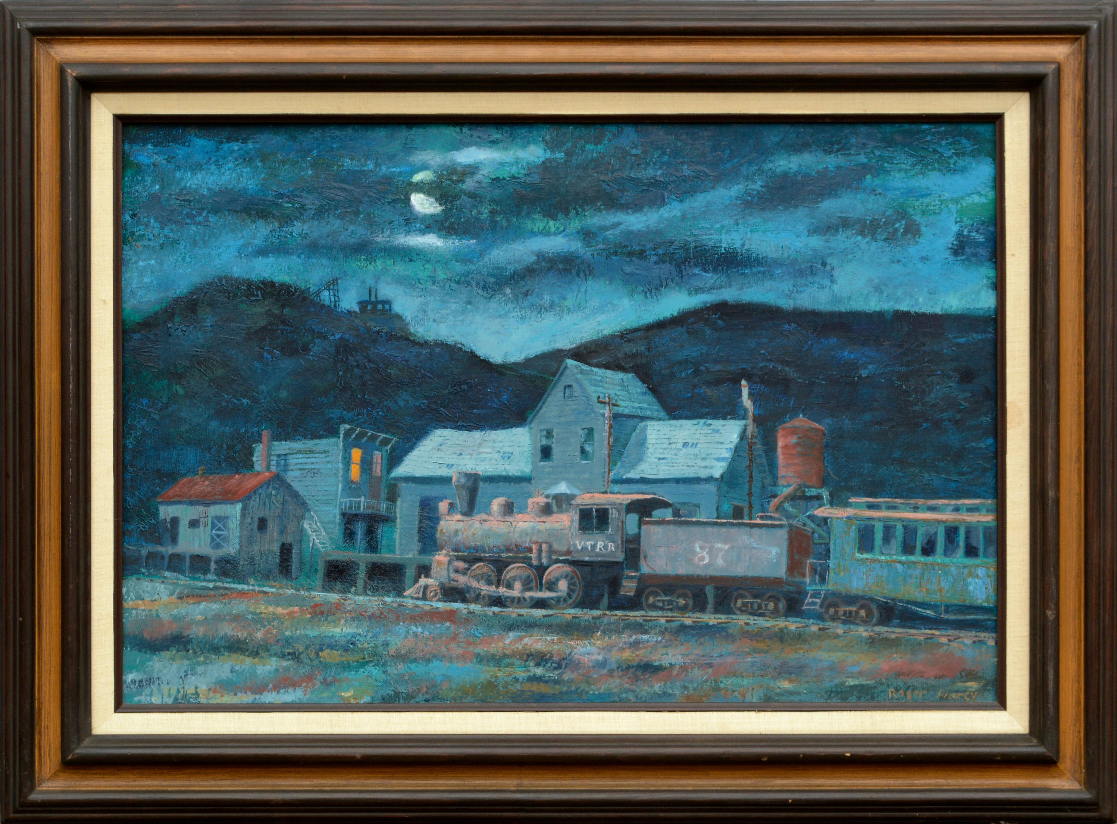 Roger Piercy Landscape Painting - "Last Run to Silver City" - Nocturnal Railroad Landscape with Steam Train 