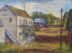 1960s Vintage Small Town Landscape Painting, Oil on Canvas, Framed
