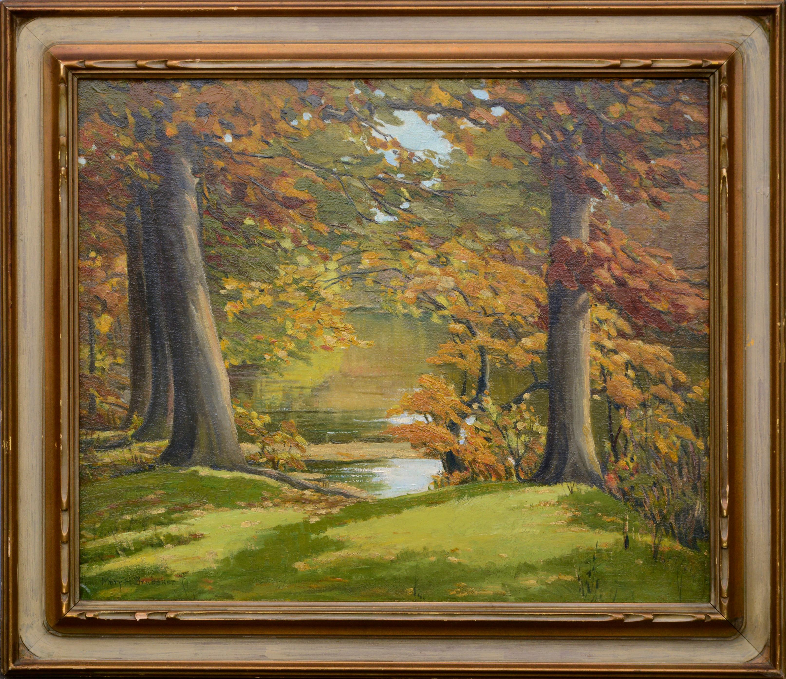 Mary H. Brubaker Landscape Painting - Elm Trees in Autumn Landscape in Antique Newcomb-Macklin Frame