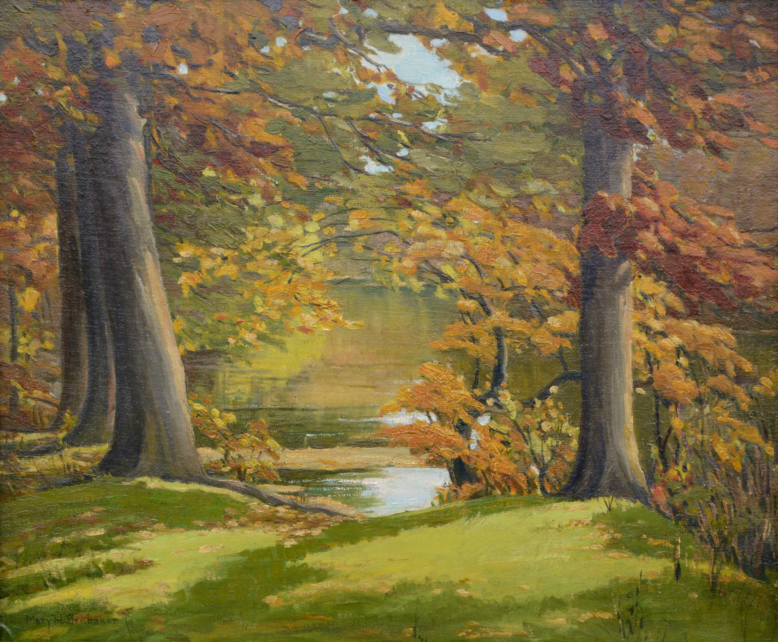 Elm Trees in Autumn Landscape in Antique Newcomb-Macklin Frame - Painting by Mary H. Brubaker