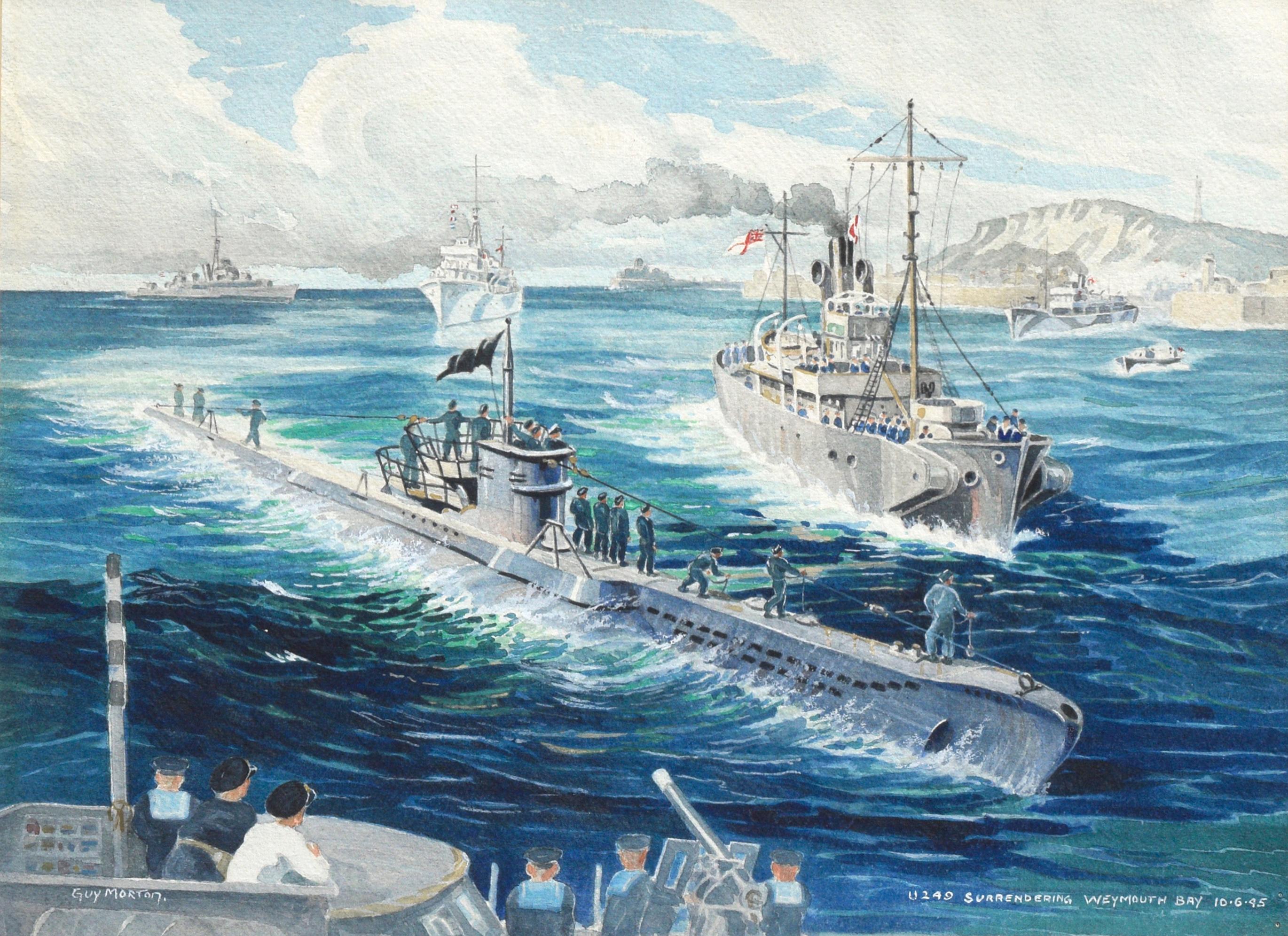 German U-Boat U-249 Surrendering Weymouth Bay - Painting by Guy Morton