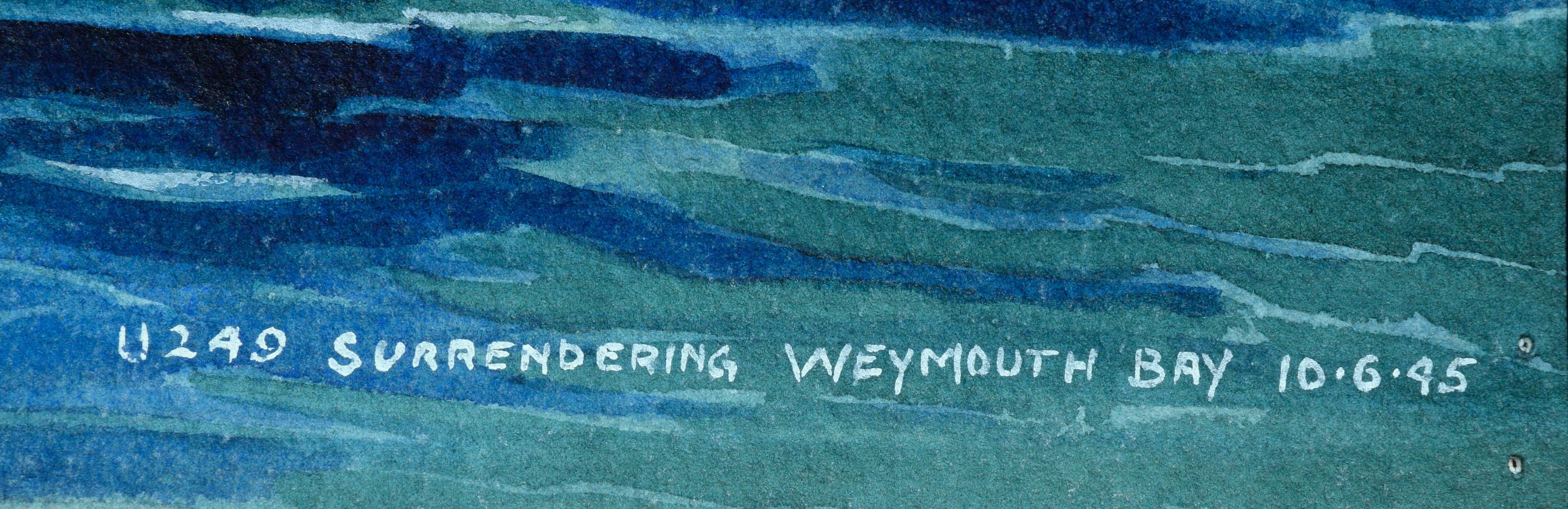 German U-Boat U-249 Surrendering Weymouth Bay - Beige Landscape Painting by Guy Morton