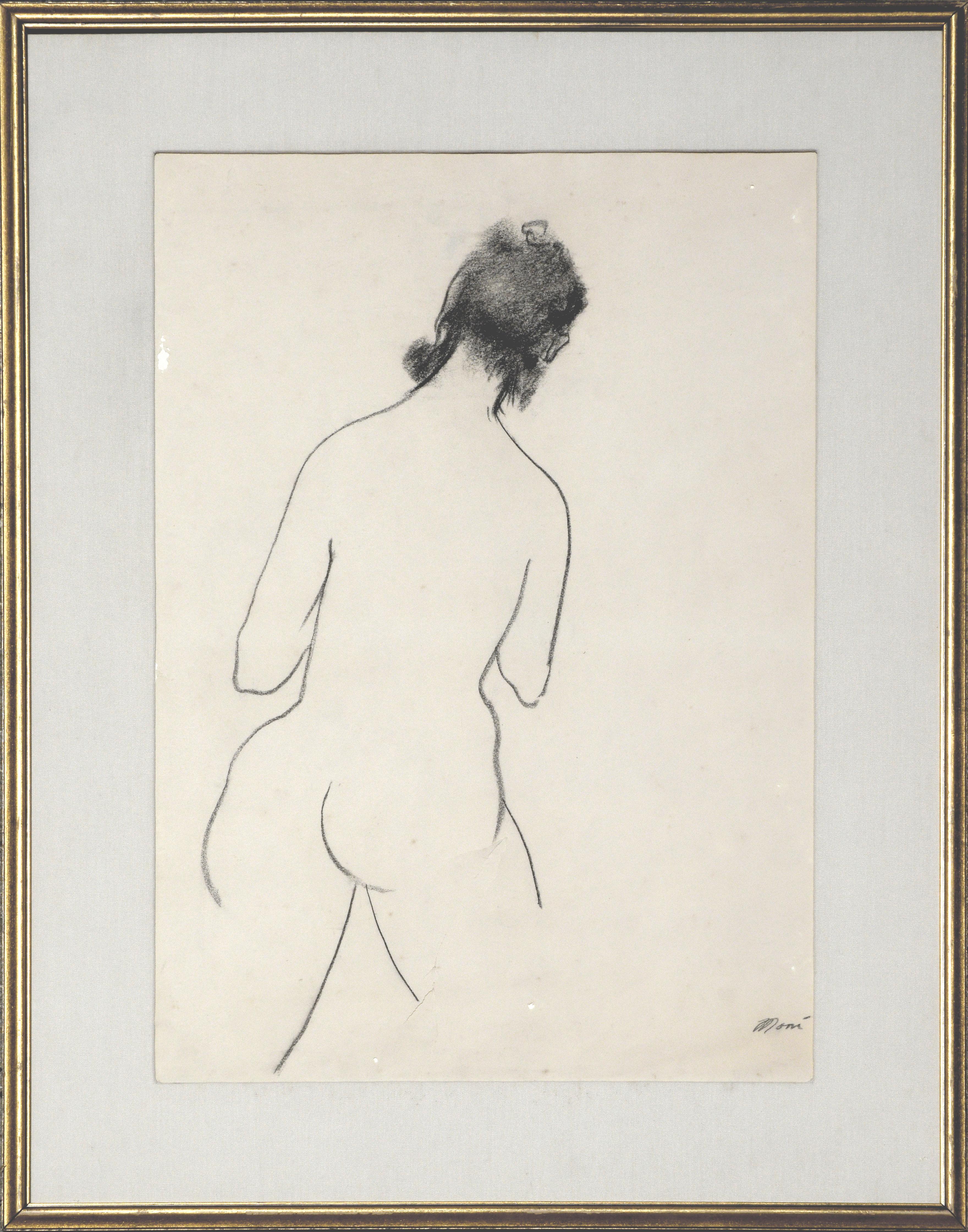 Mariellen Ehlers Nude - Mid Century Figurative Charcoal Line Drawing, "Girl Walking Away"