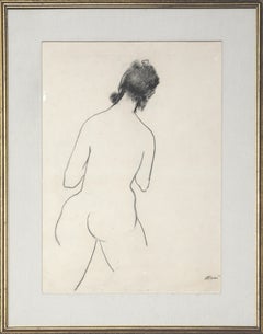 Mid Century Figurative Charcoal Line Drawing, "Girl Walking Away"