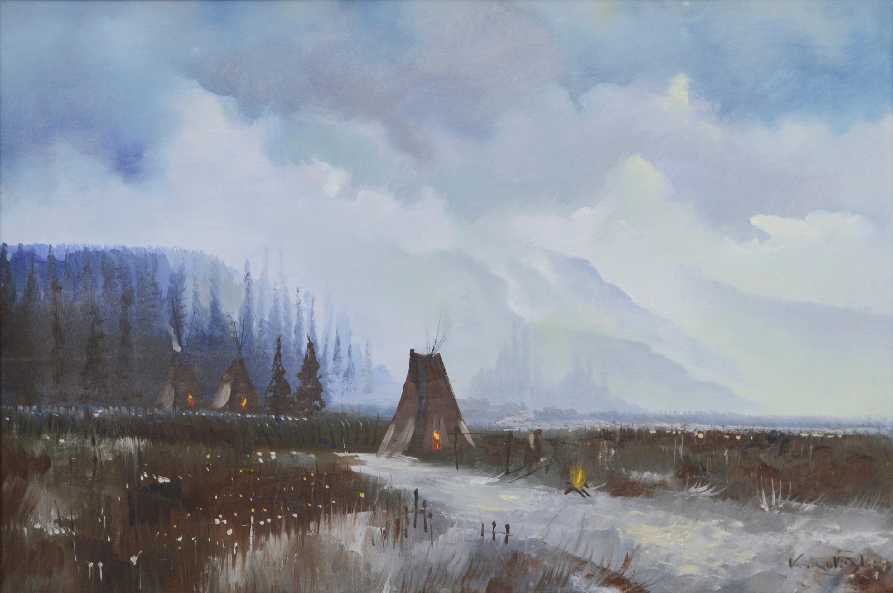 Vintage Yosemite Valley -- Native American Camp  - Painting by Kirov