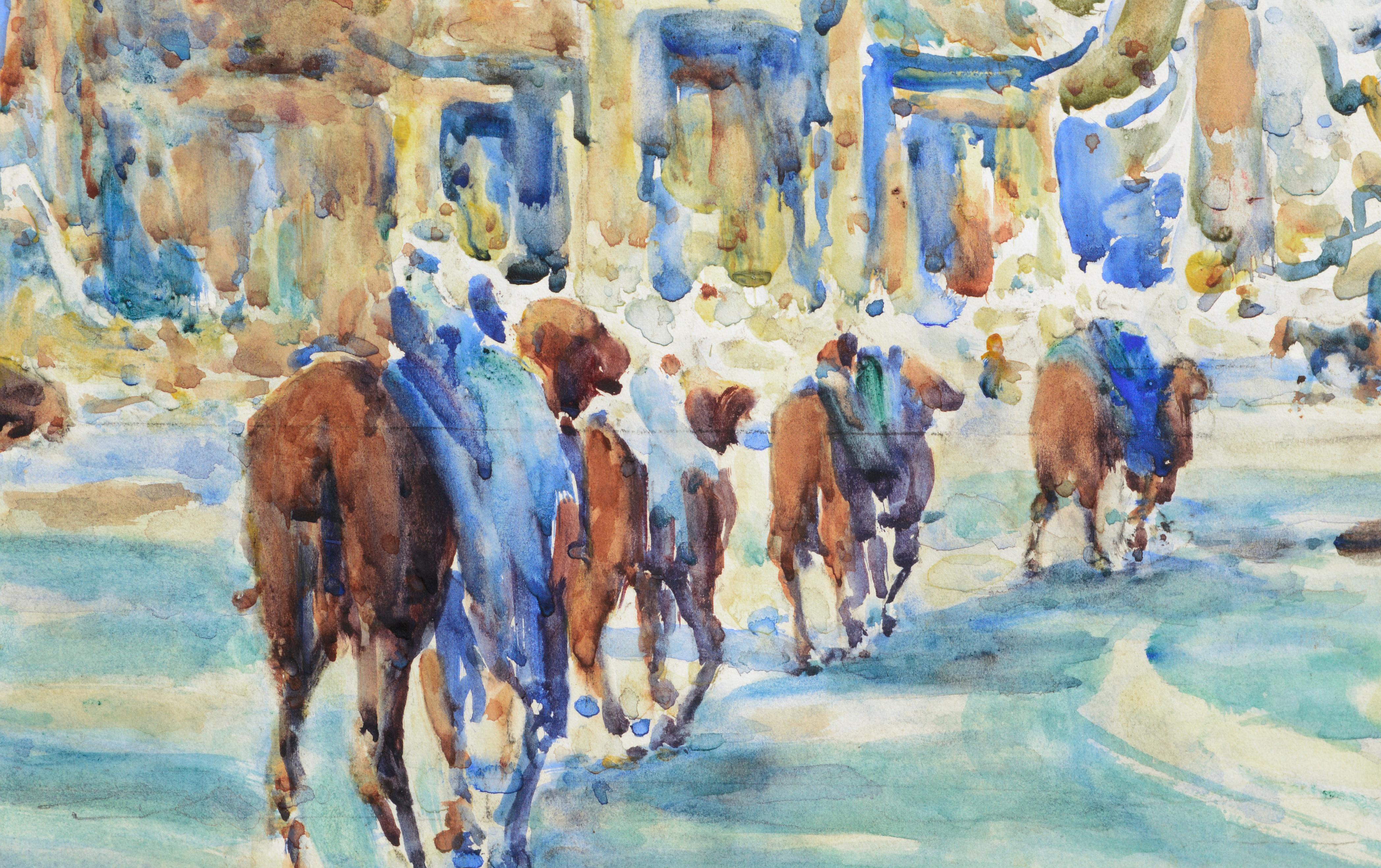 Vibrant scene of visitors arriving by camels at the Peking Bell Tower by William Clothier Watts (American 1967-1961). This piece is unsigned, but has an appraisal letter from Davis-Holdship Appraisers and statement from the artist's physician's