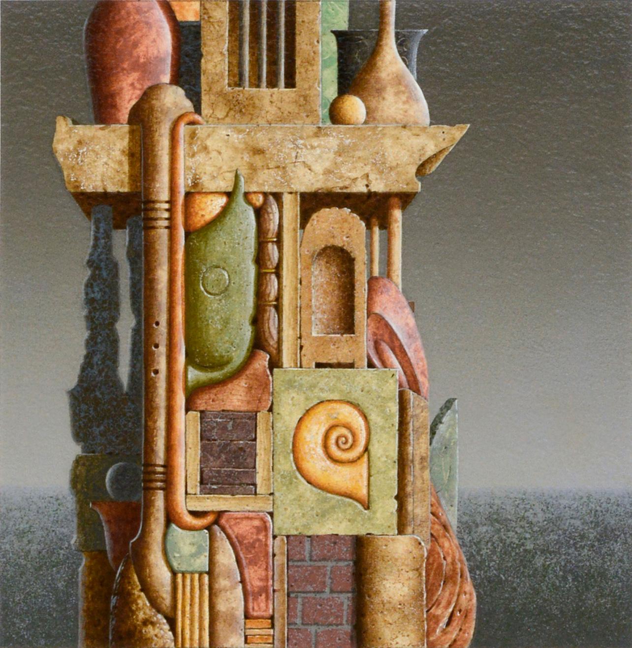 Visionary Surrealist Totem Abstract -- Fragment Under Grey Sky - Painting by Clayton Anderson