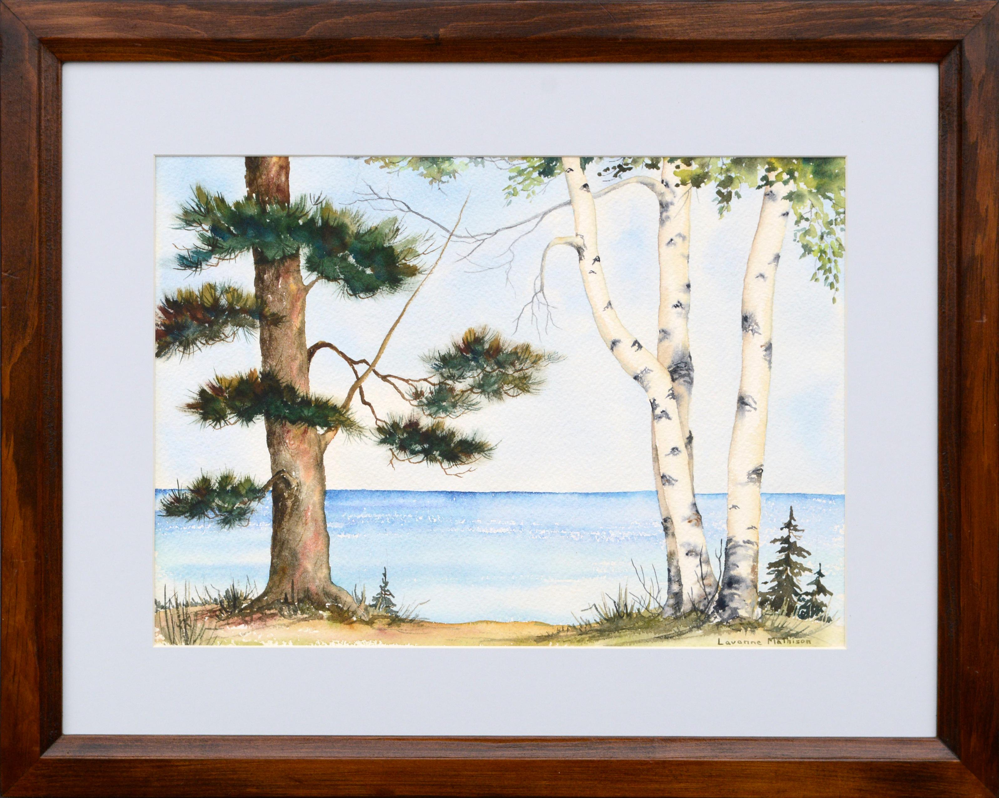Lavonne Mathison Landscape Painting - Pine and Birch at the Edge of the Lake - Landscape
