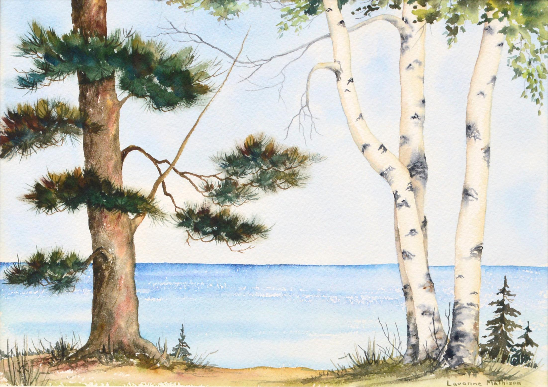 Kiefer und Birke am Rand des Sees - Landschaft – Painting von Lavonne Mathison
