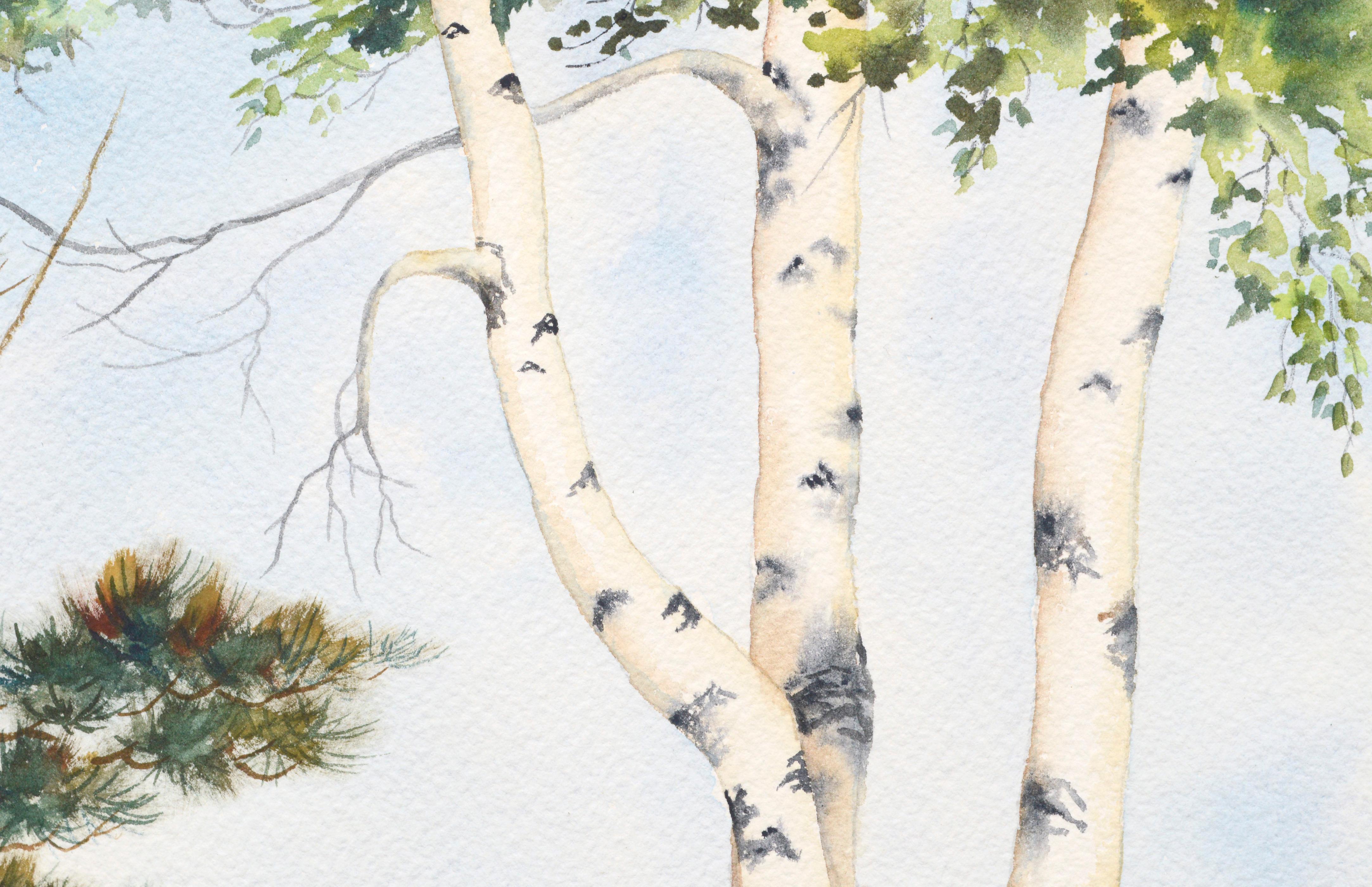 Hochdetailliertes Aquarell von Bäumen am Rand eines Sees von Lavonne Mathison (amerikanisch:: 1922). Unten rechts signiert „Lavonne Mathison“. Präsentiert in einem neuen blaugrauen Passepartout und einem Holzrahmen mit Glas. Bildgröße: 10::5