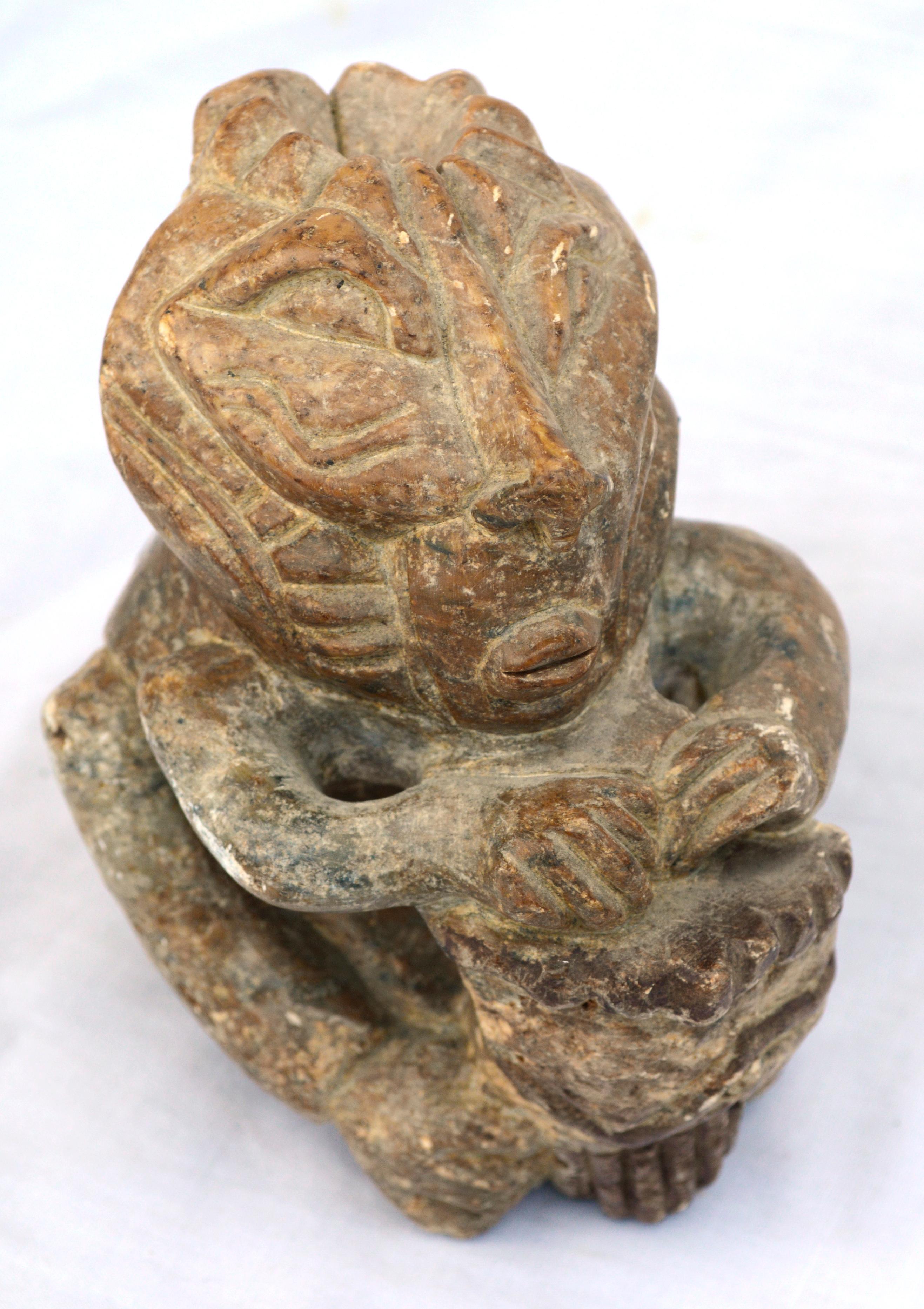 Four-Armed Man with Drum, Tribal Figurative Abstract Carved Stone Sculpture 