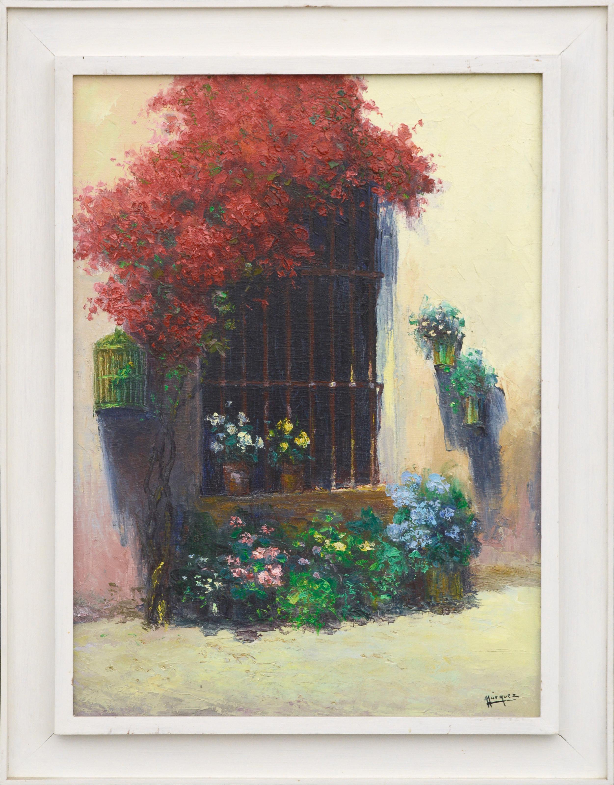 A. Marquez Landscape Painting - "Ventana" - Bougainvillea and Flowers Around a Window