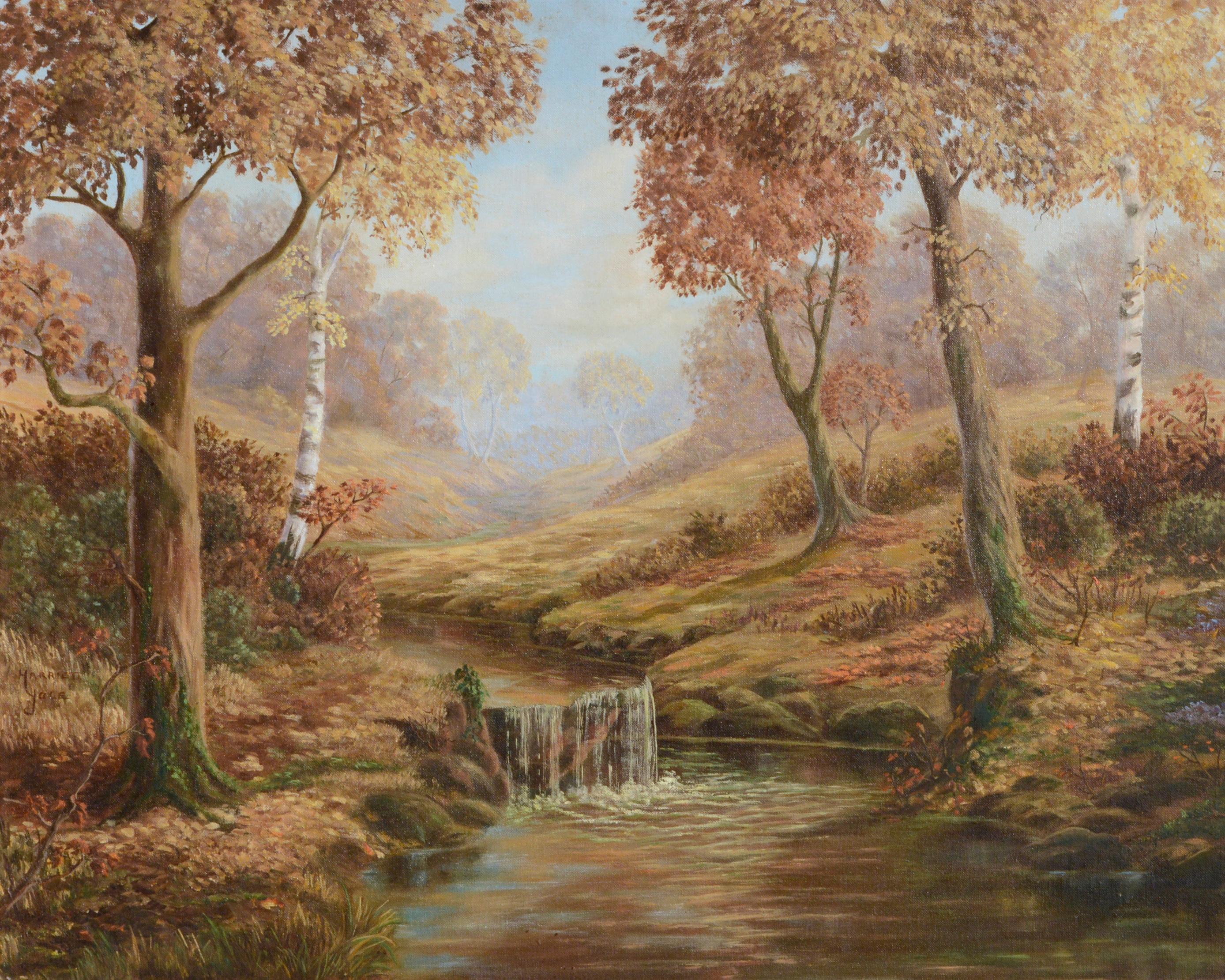 Paysage forestier d'automne du Minnesota du milieu du siècle dernier « Octobre Song » - Marron Landscape Painting par Harriet Rose Yule