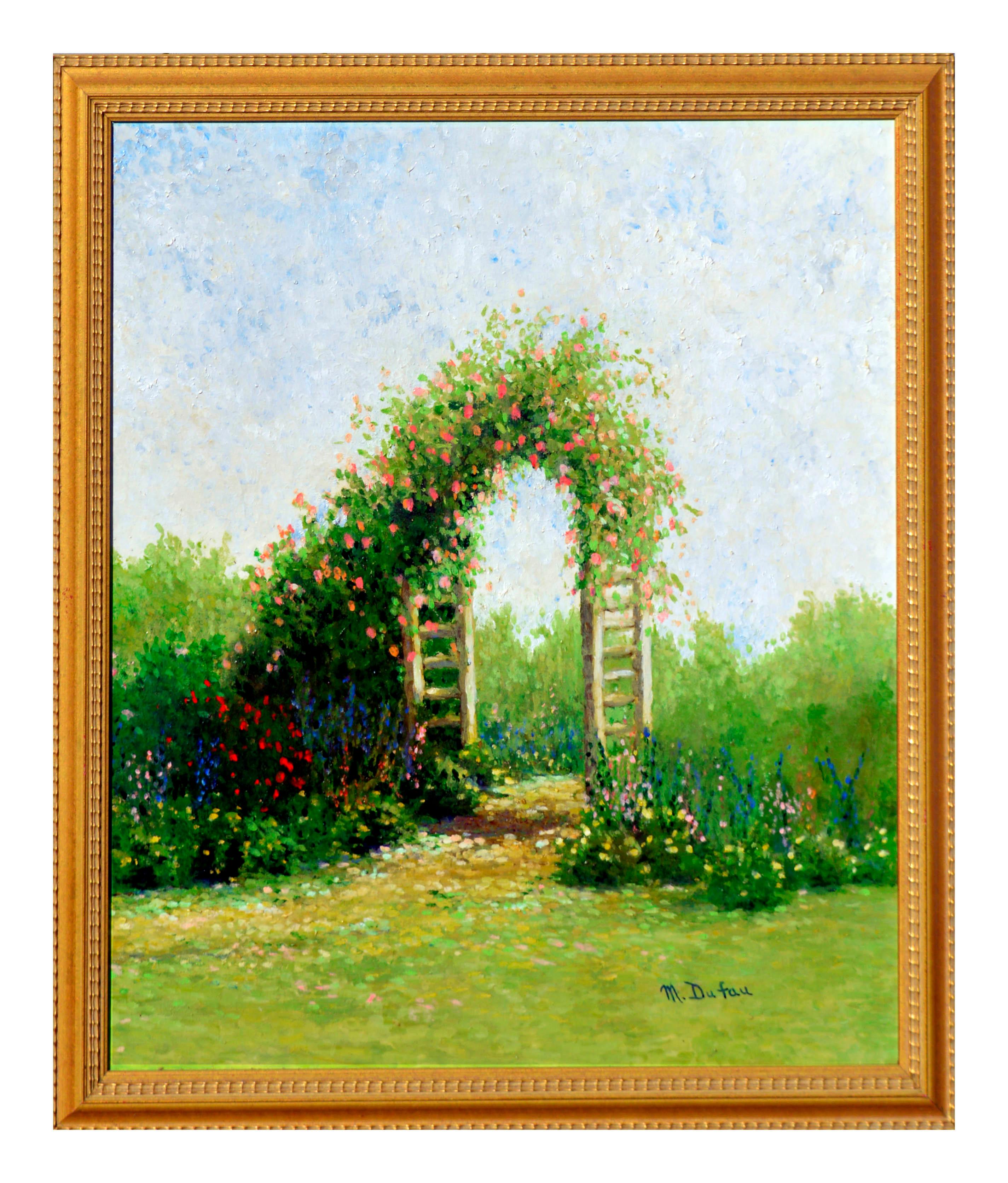 Landscape Painting Marnie Dufau - Paysage de jardin en arc de cercle à fleurs avec roses