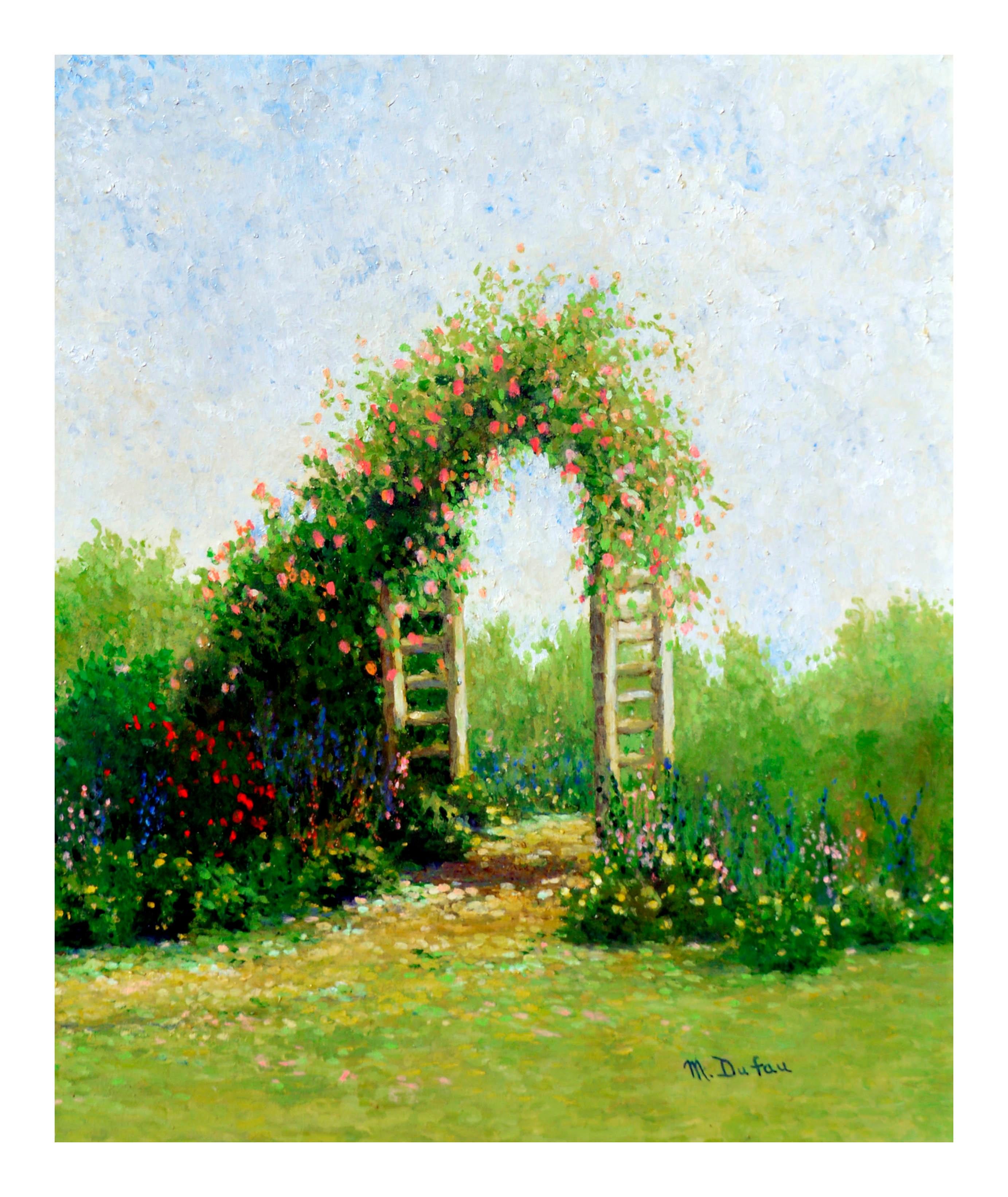 Floral Garden Archway Landscape with Roses - Painting by Marnie Dufau