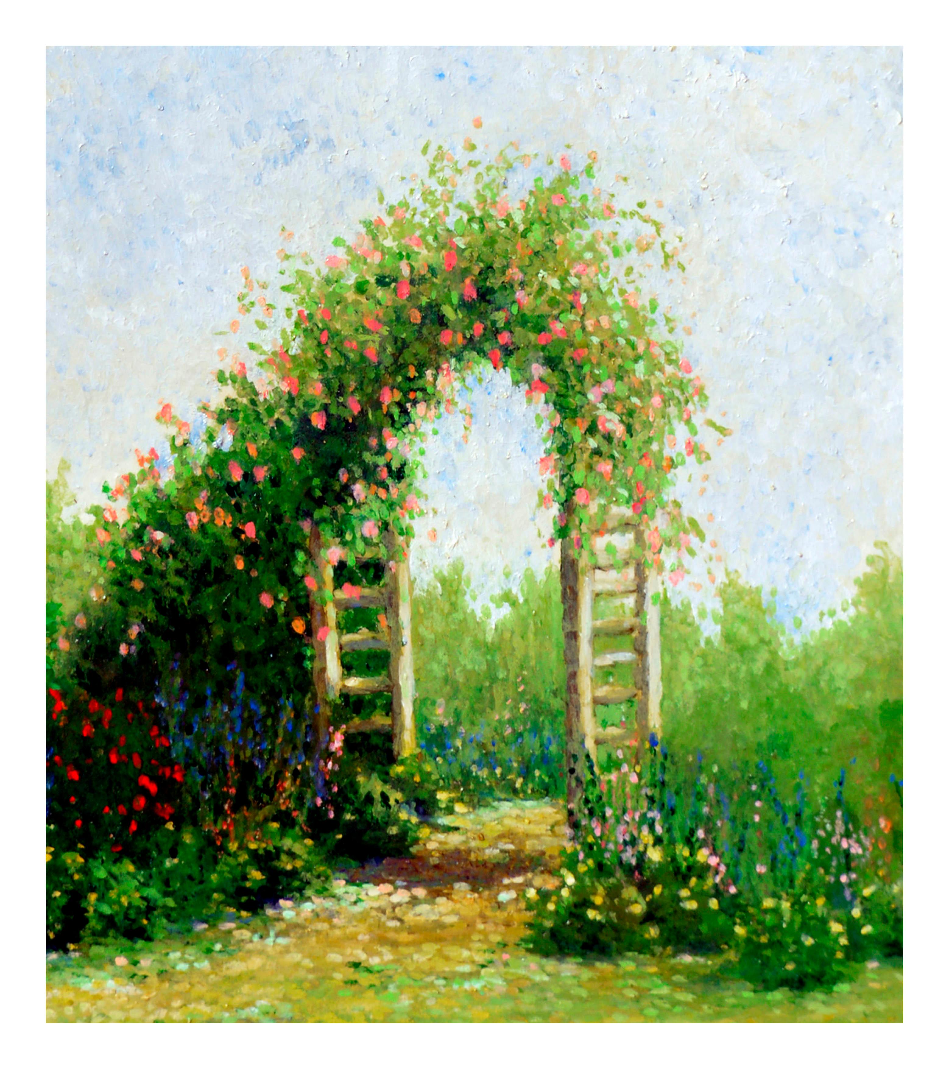 Paysage de jardin en arc de cercle à fleurs avec roses - Beige Landscape Painting par Marnie Dufau