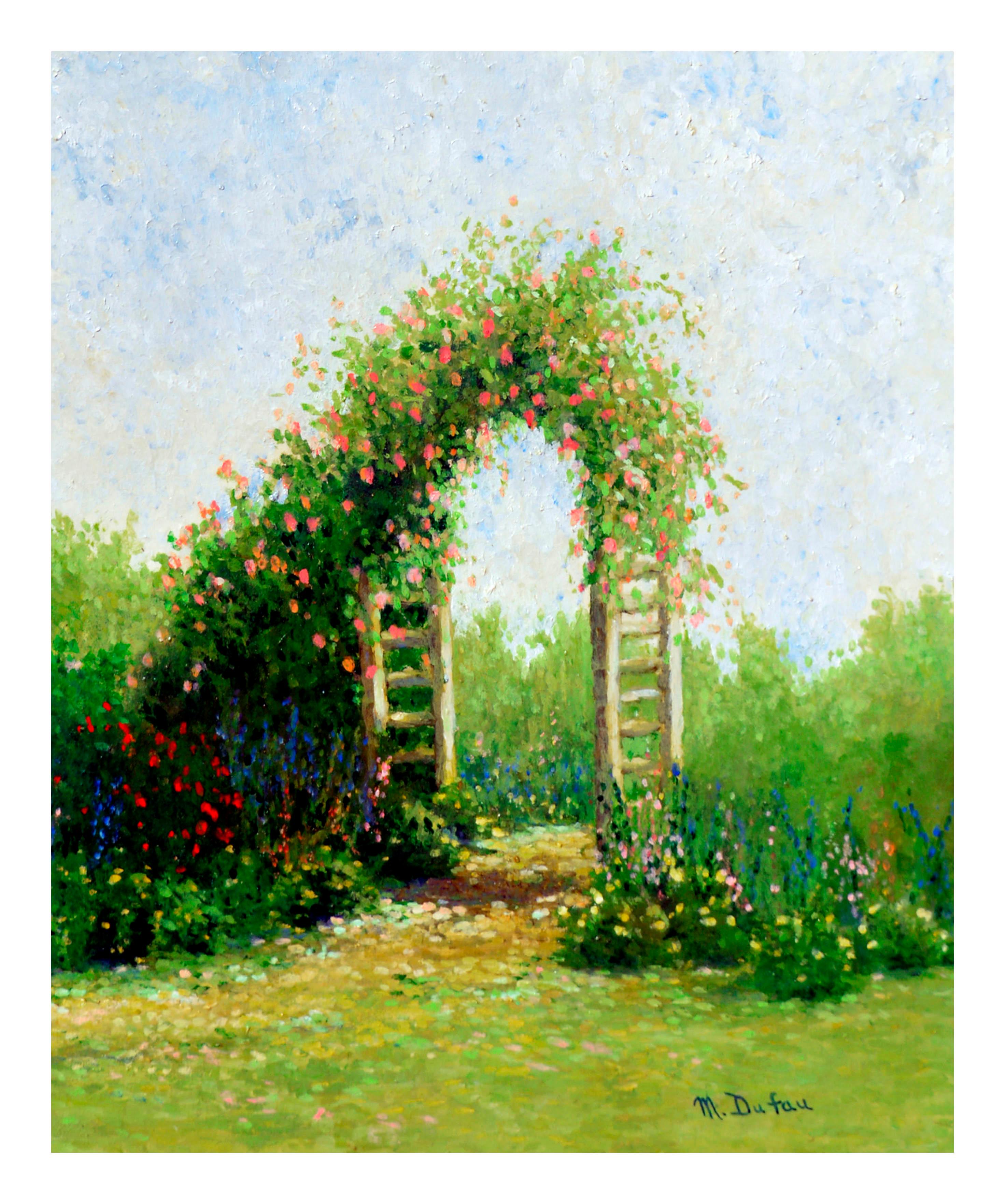 Paysage de jardin en arc de cercle à fleurs avec roses - Pointillisme Painting par Marnie Dufau