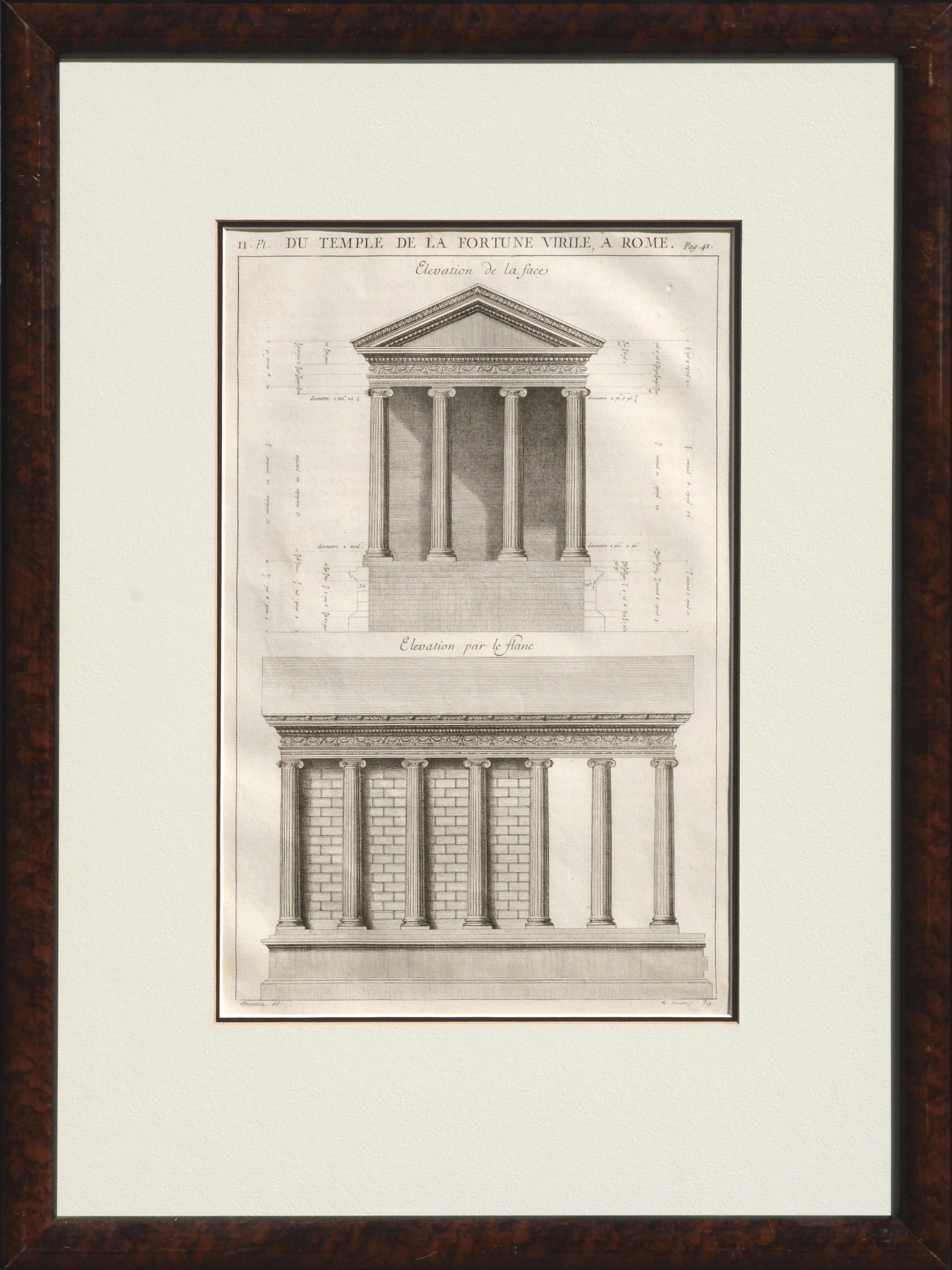 Zwei Lithografien der Fassade und des Grundrisses des Tempels des Portunus in Rom (italienisch: Tempio di Portuno) von Antoine Desgodetz (Franzose, 1653-1728). Diese Seiten stammen aus der Neuauflage von 
