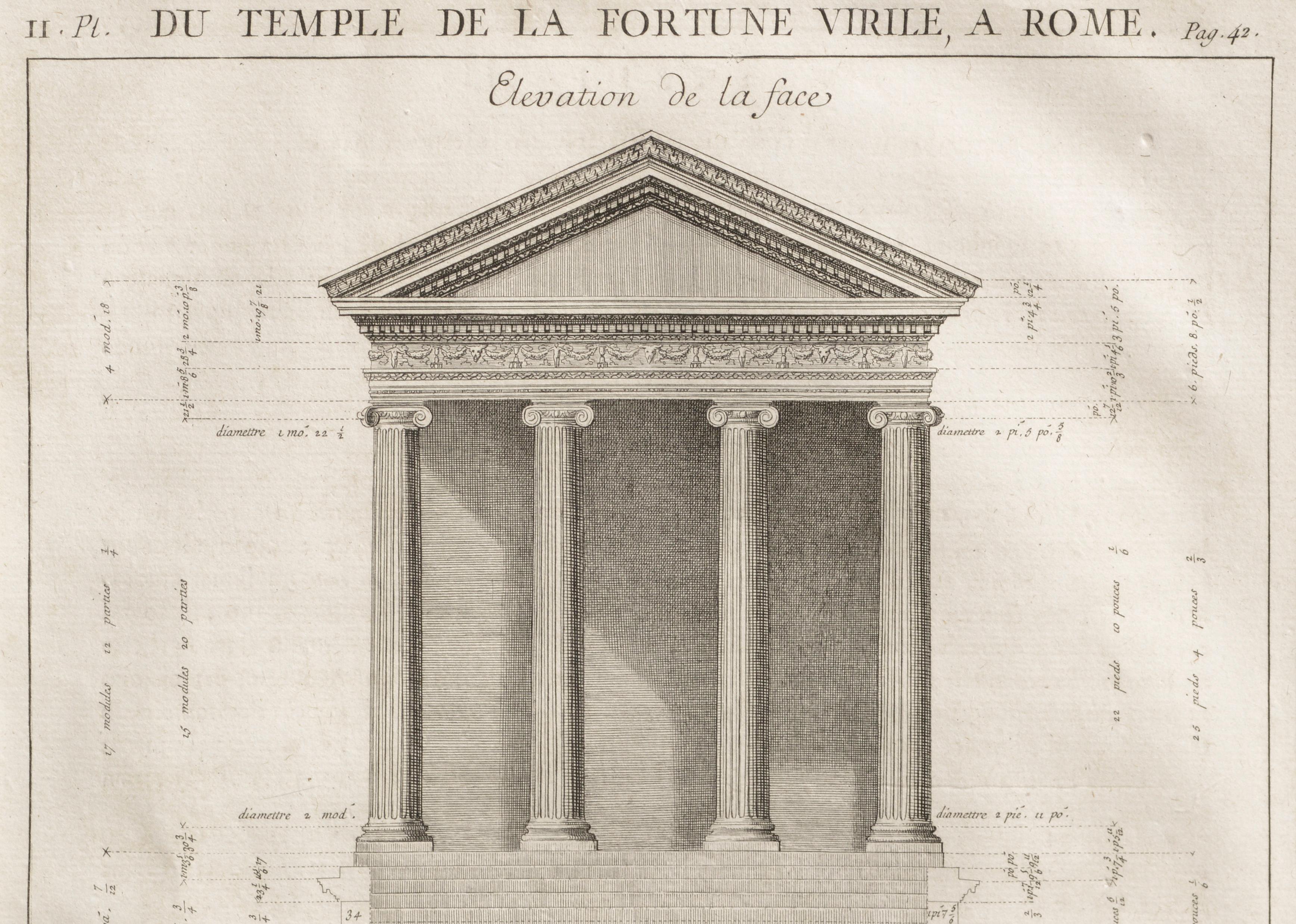 Pair of lithographs of The Temple of Portunus in Rome (Italian: Tempio di Portuno) facade and floor plan by Antoine Desgodetz (French, 1653-1728). These pages are from the 1779 reissue of 