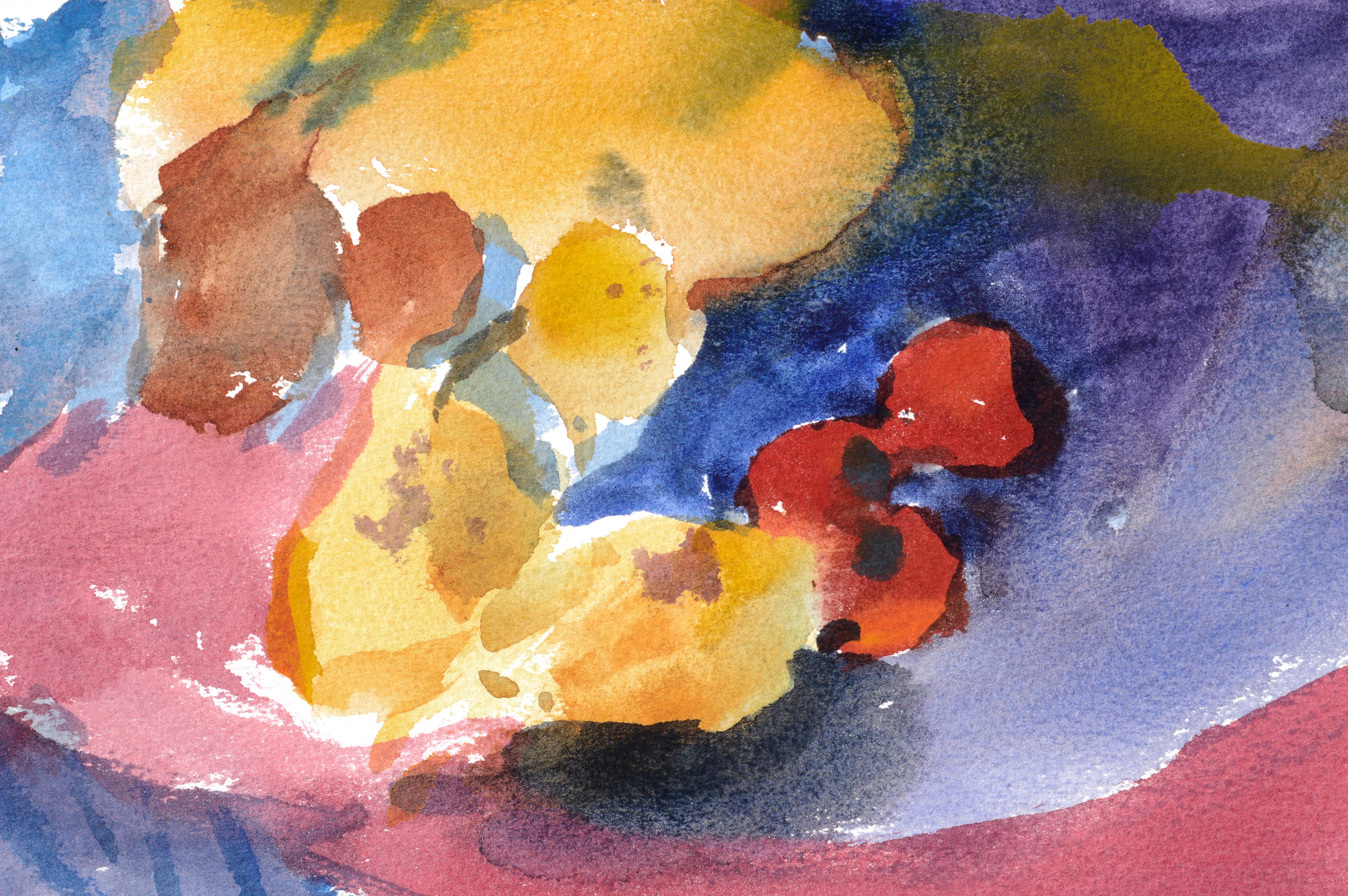 Lebendiges Aquarellstillleben mit farbenfrohen expressionistischen Rosa- und Violetttönen von einem hellen Tisch mit Wassermelone, Birnen und Blumen auf schwerem Papier des Künstlers Les Anderson (Amerikaner, 1928-2009) aus Monterey. Dieses Stück