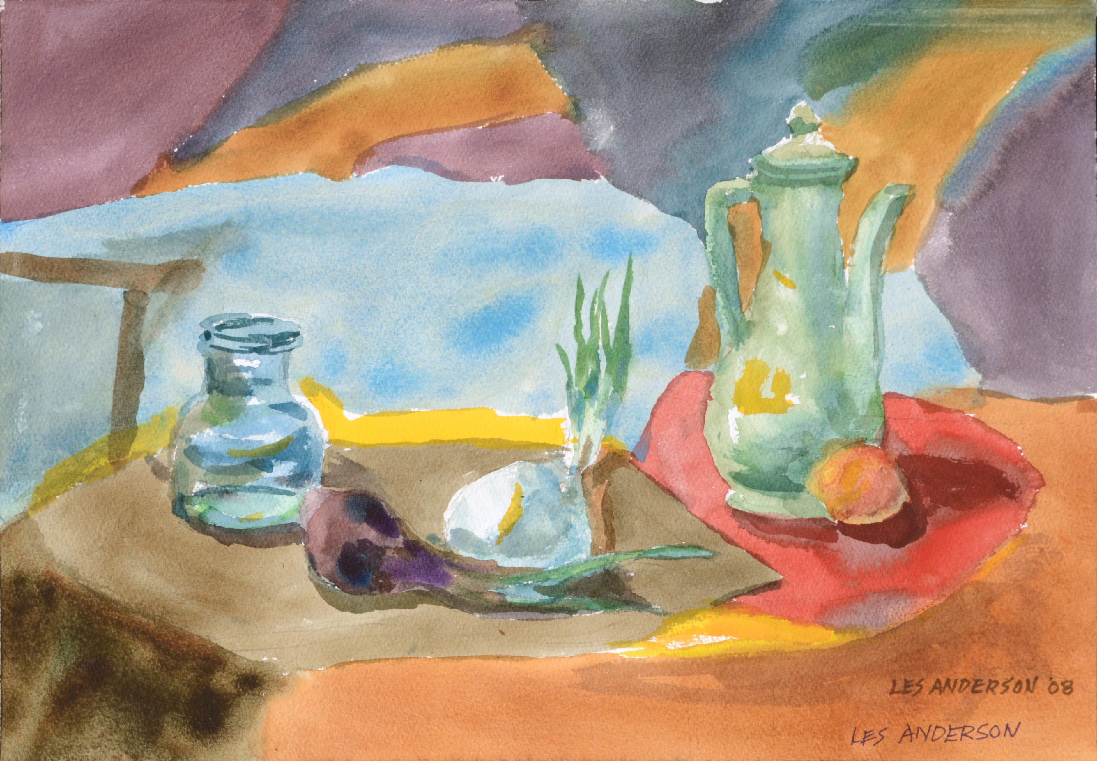 Watercolor Still Life with Spring Onions and Pitcher