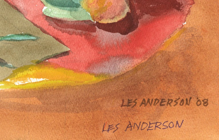 Watercolor Still Life with Spring Onions and Pitcher - Brown Still-Life by Les Anderson