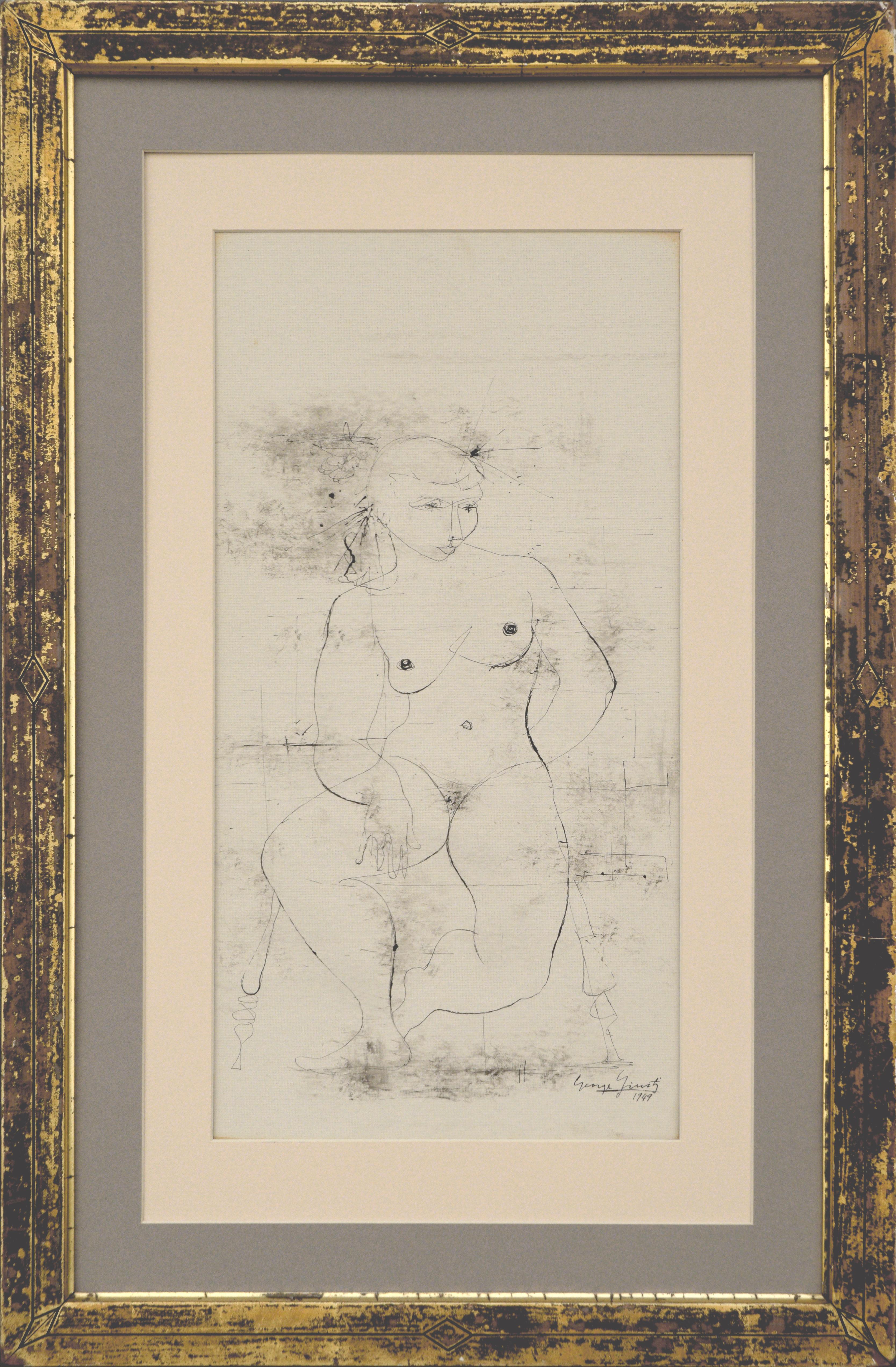 George Giusti Figurative Art - Mid Century Modernist Seated Nude Figure Study 