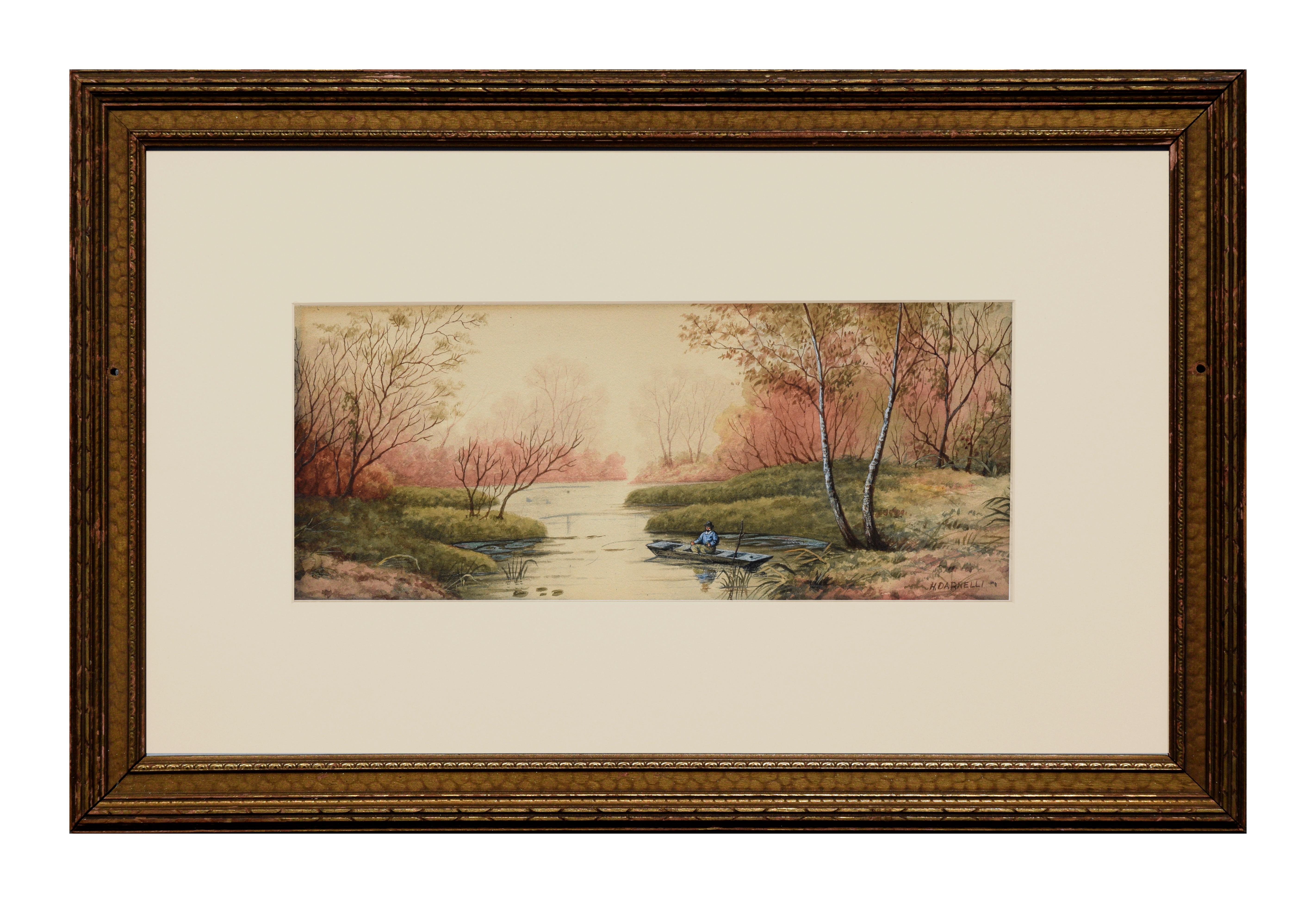 Late 19thCentury English Fisherman Figural Landscape Watercolor, "Golden Autumn"