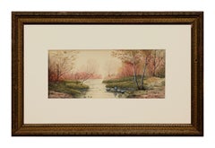 Used Late 19thCentury English Fisherman Figural Landscape Watercolor, "Golden Autumn"