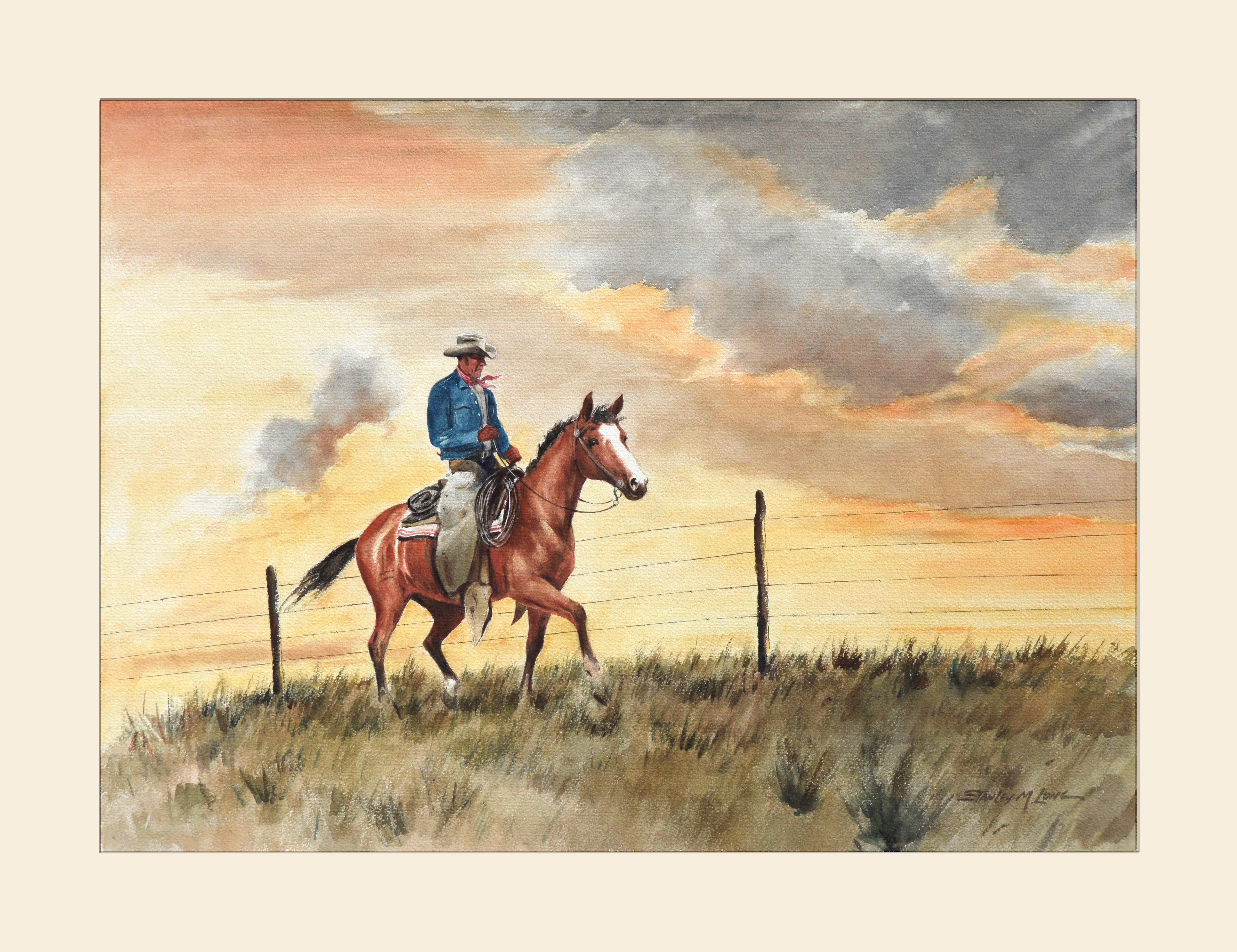 "Head Em Home", Mid Century Cowboy on Horse Western Figurative Landscape 