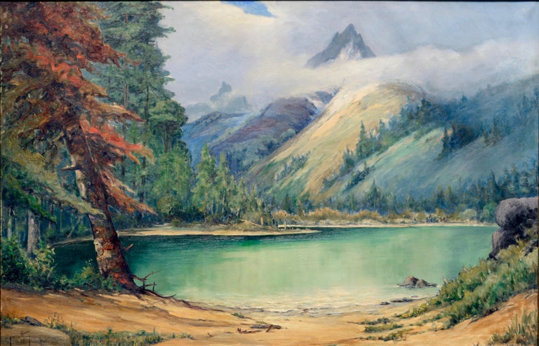 Large Scale Early 20th Century Yosemite Cathedral Lake Monumental Landscape - Painting by Francis Harvey Cutting