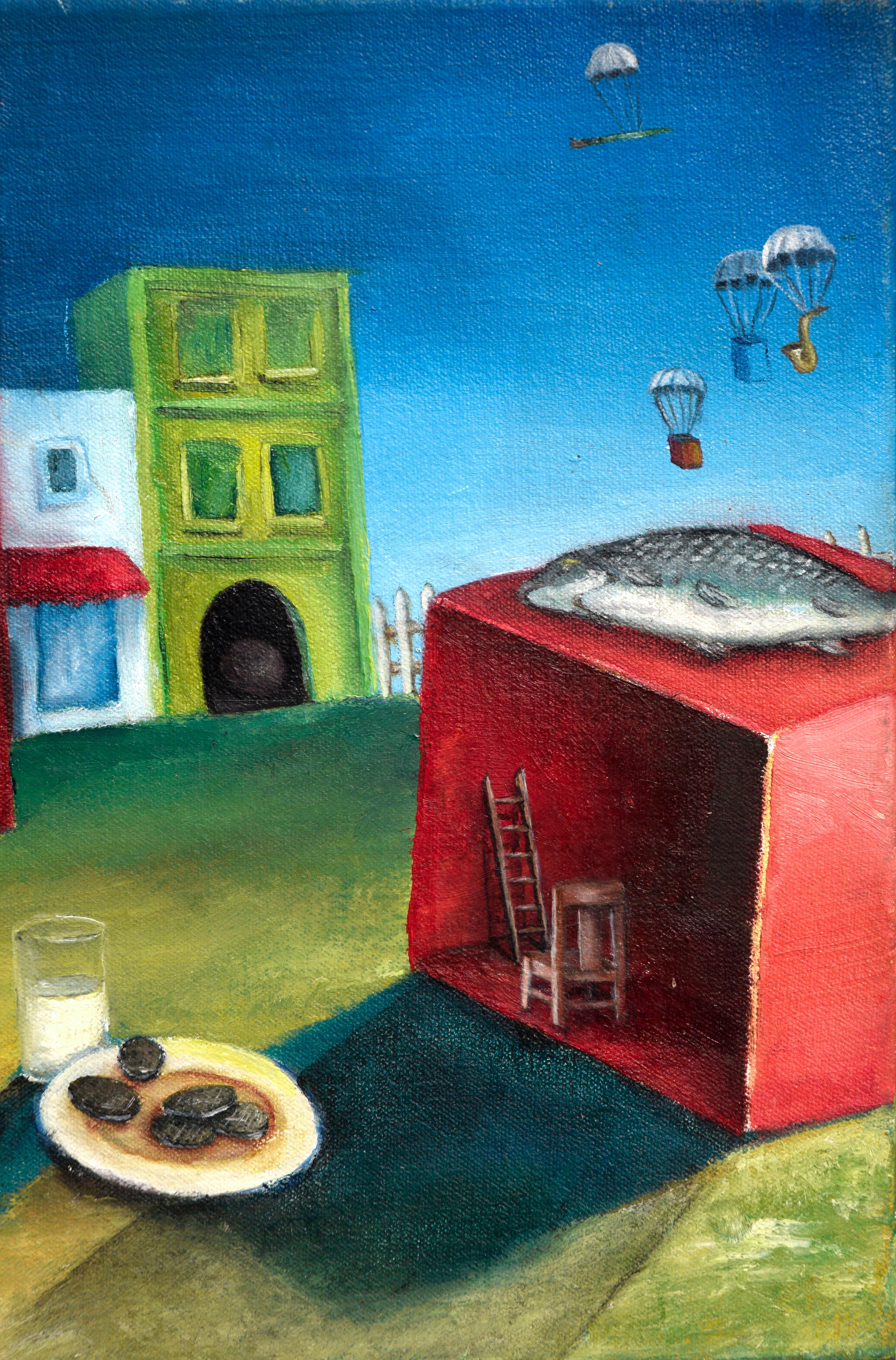 Surreal Figurative Landscape with Milk and Cookies - Surrealist Painting by David Musser