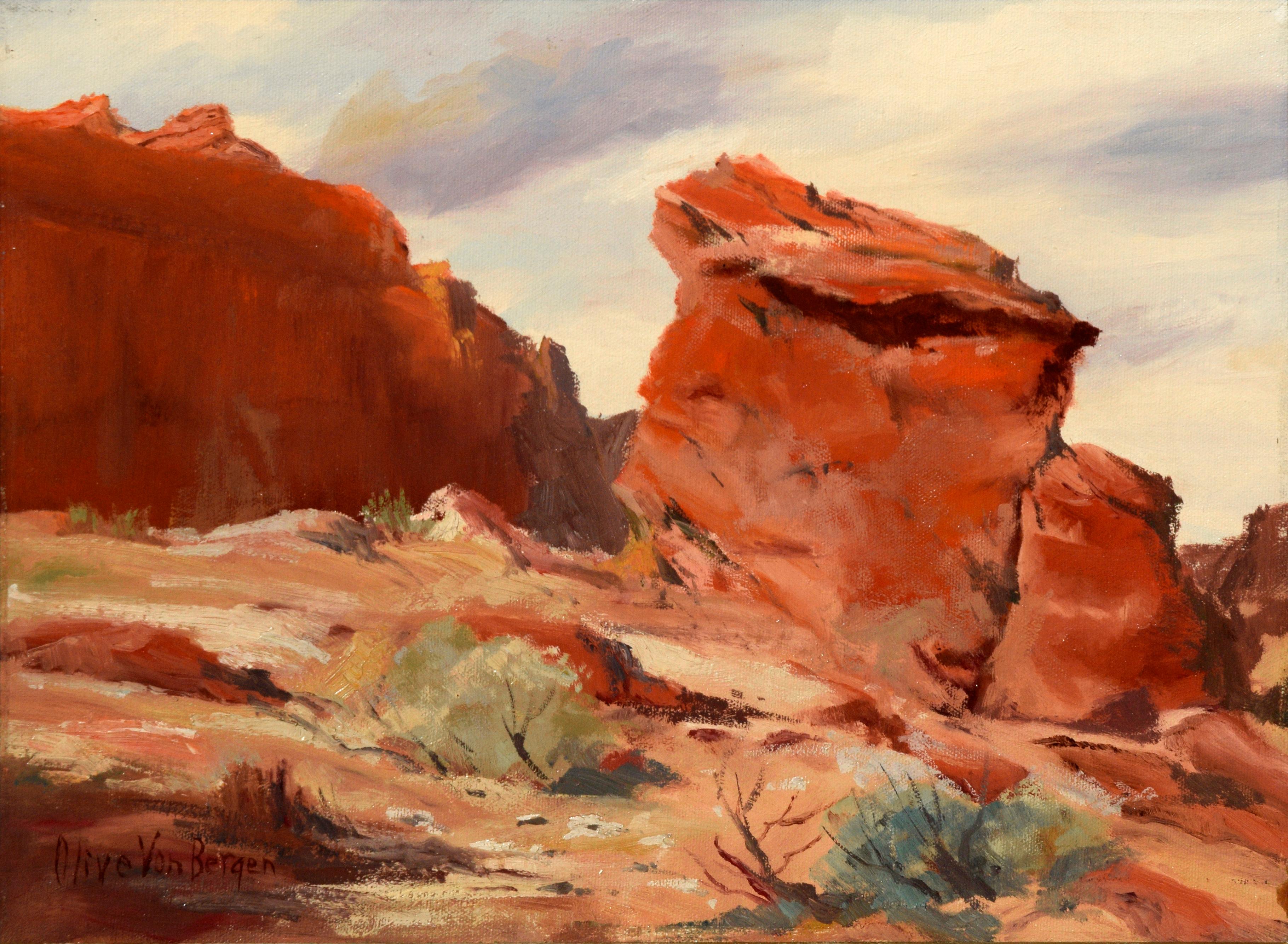 Paysage de roches rouges du désert des années 1940  - Painting de Olive Von Bergen