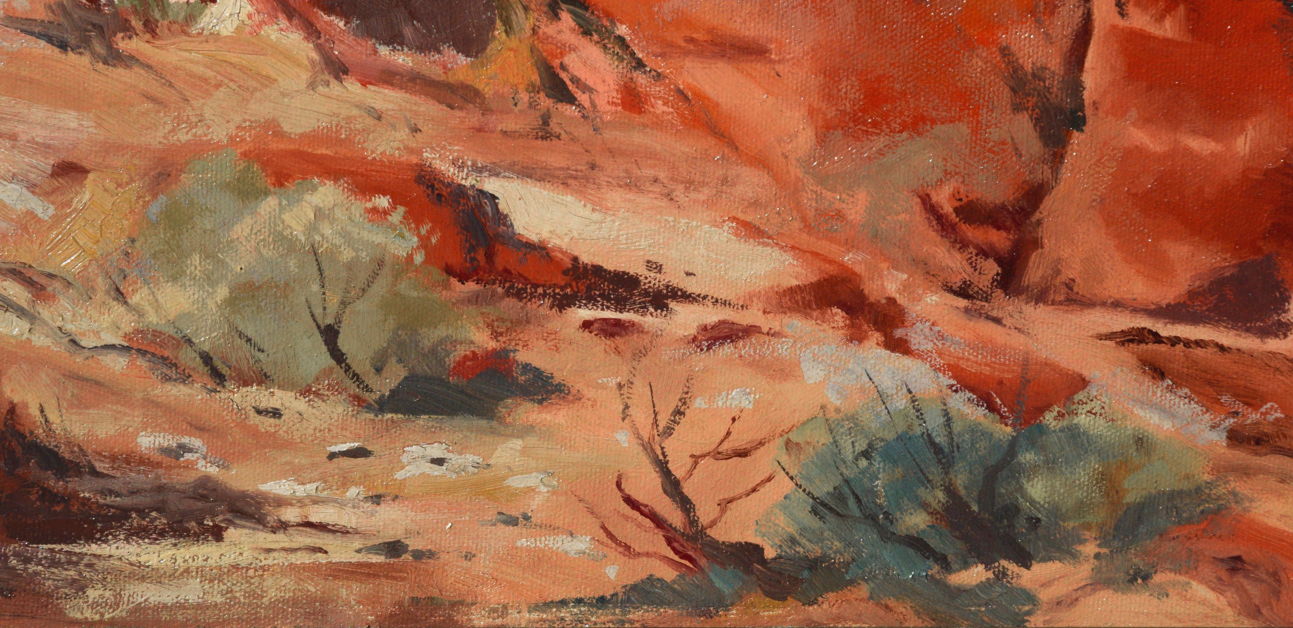 Superbe paysage désertique composé de roches rouges et d'arbustes du désert, réalisé par l'artiste californienne Olive Von Bergen (américaine, 20e siècle). Signé 